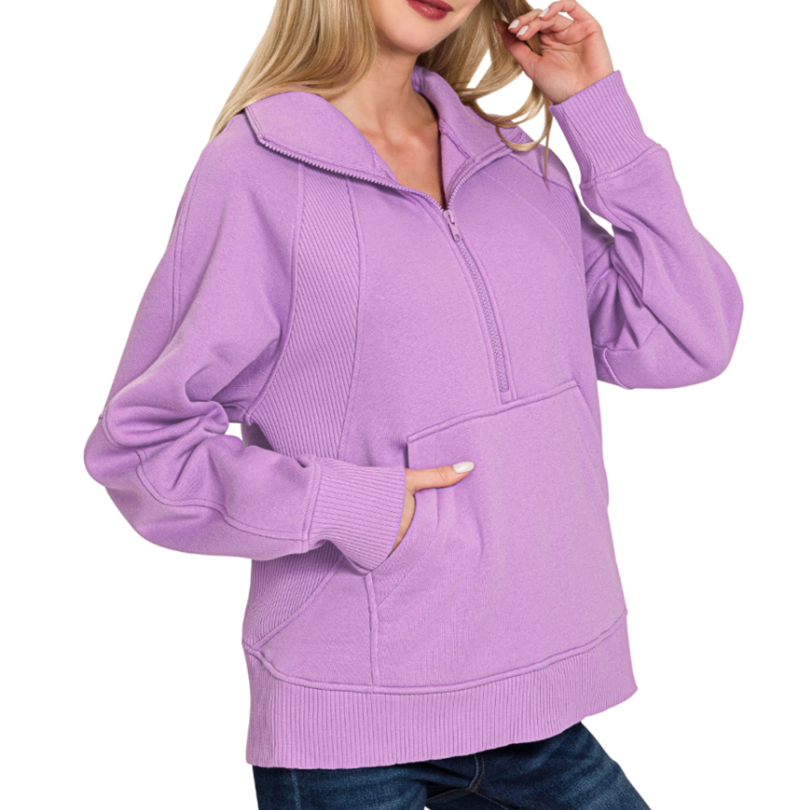 Zenana Zenana Half Zip Fleece Pullover W/ Kangaroo Pocket B Lavender