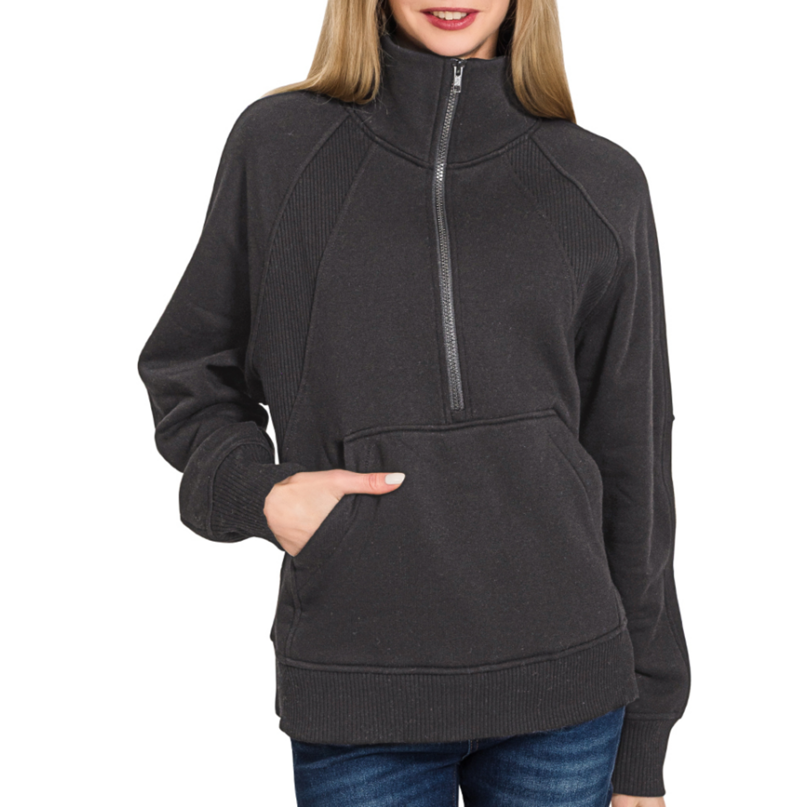 Zenana Zenana Half Zip Fleece Pullover W/ Kangaroo Pocket Black