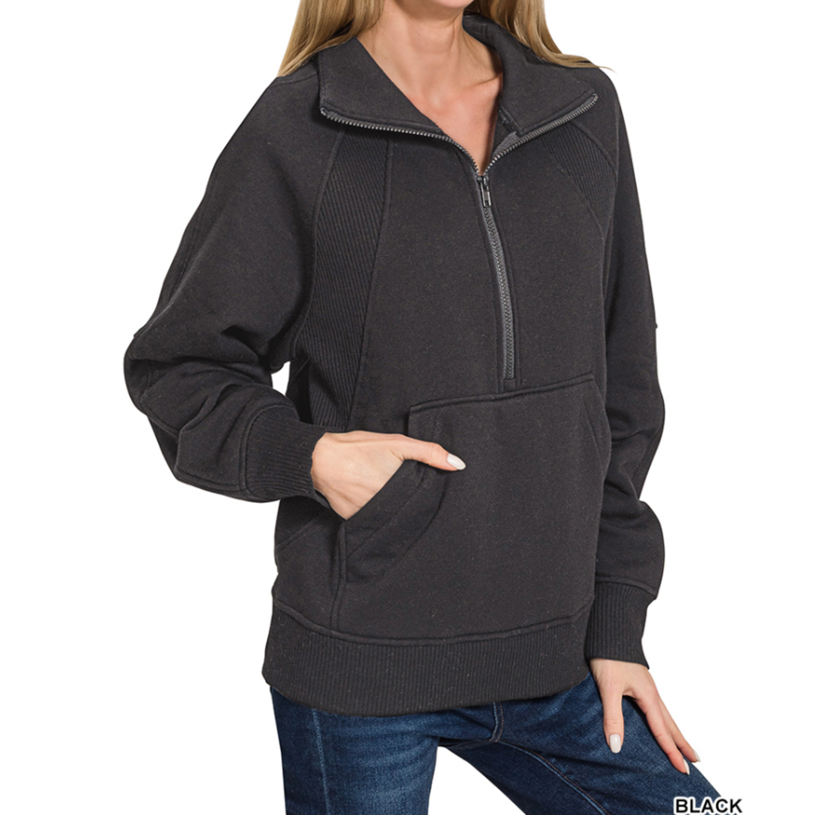Zenana Zenana Half Zip Fleece Pullover W/ Kangaroo Pocket Black