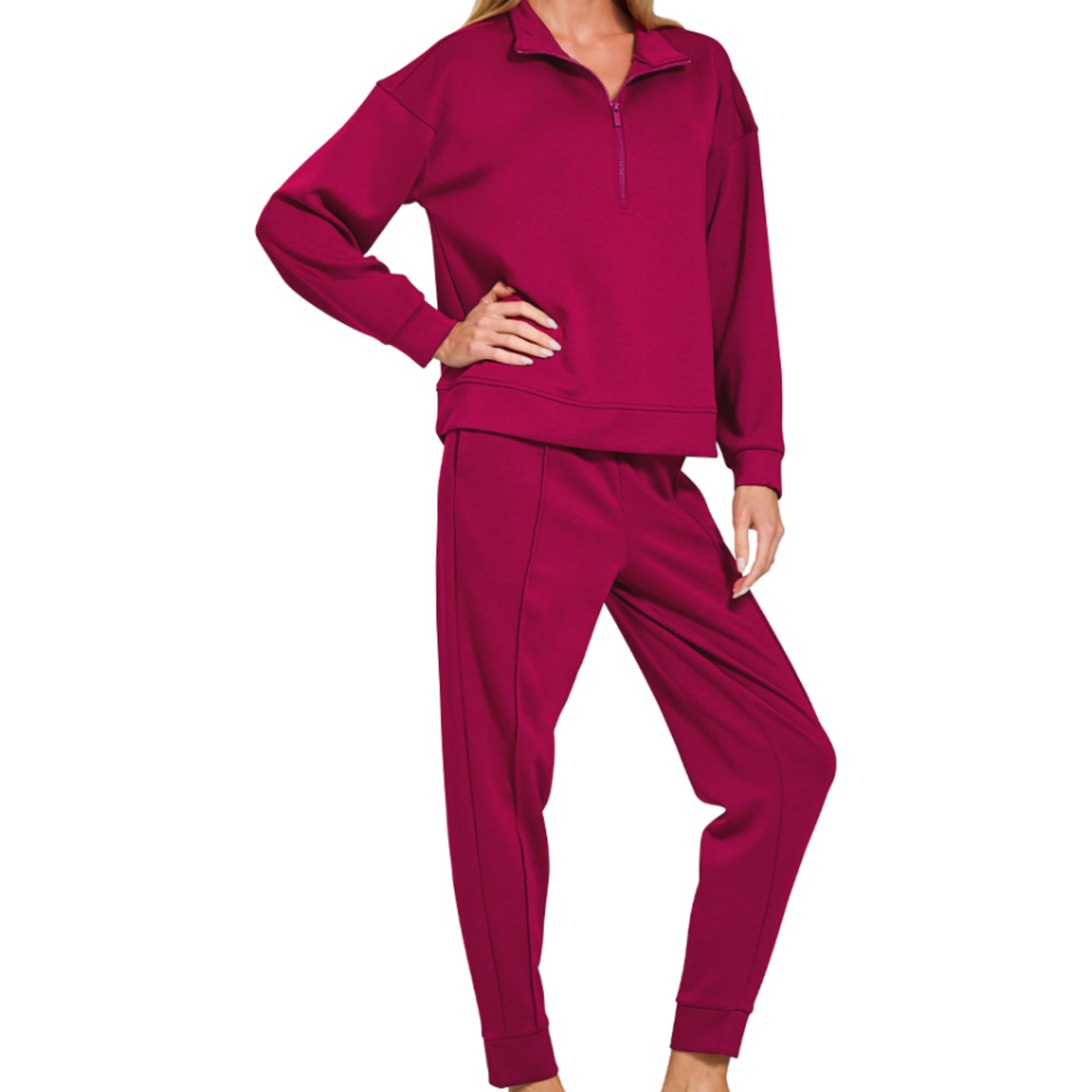Zenana Zenana Scuba Half Zip Pullover & Jogger Set Cabernet