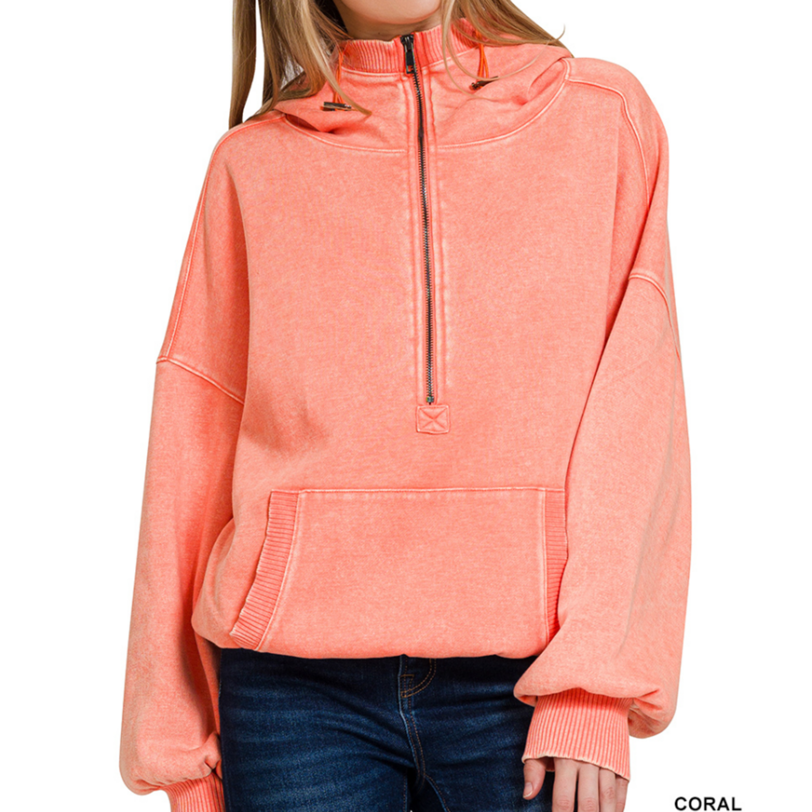 Zenana Zenana Fleece Drawstring Hem Half Zip Kangaroo Hoodie Coral