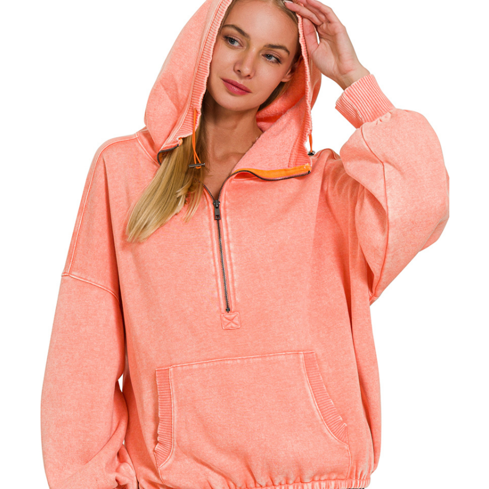 Zenana Zenana Fleece Drawstring Hem Half Zip Kangaroo Hoodie Coral