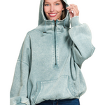 Zenana Zenana Fleece Drawstring Hem Half Zip Kangaroo Hoodie Ash Blue