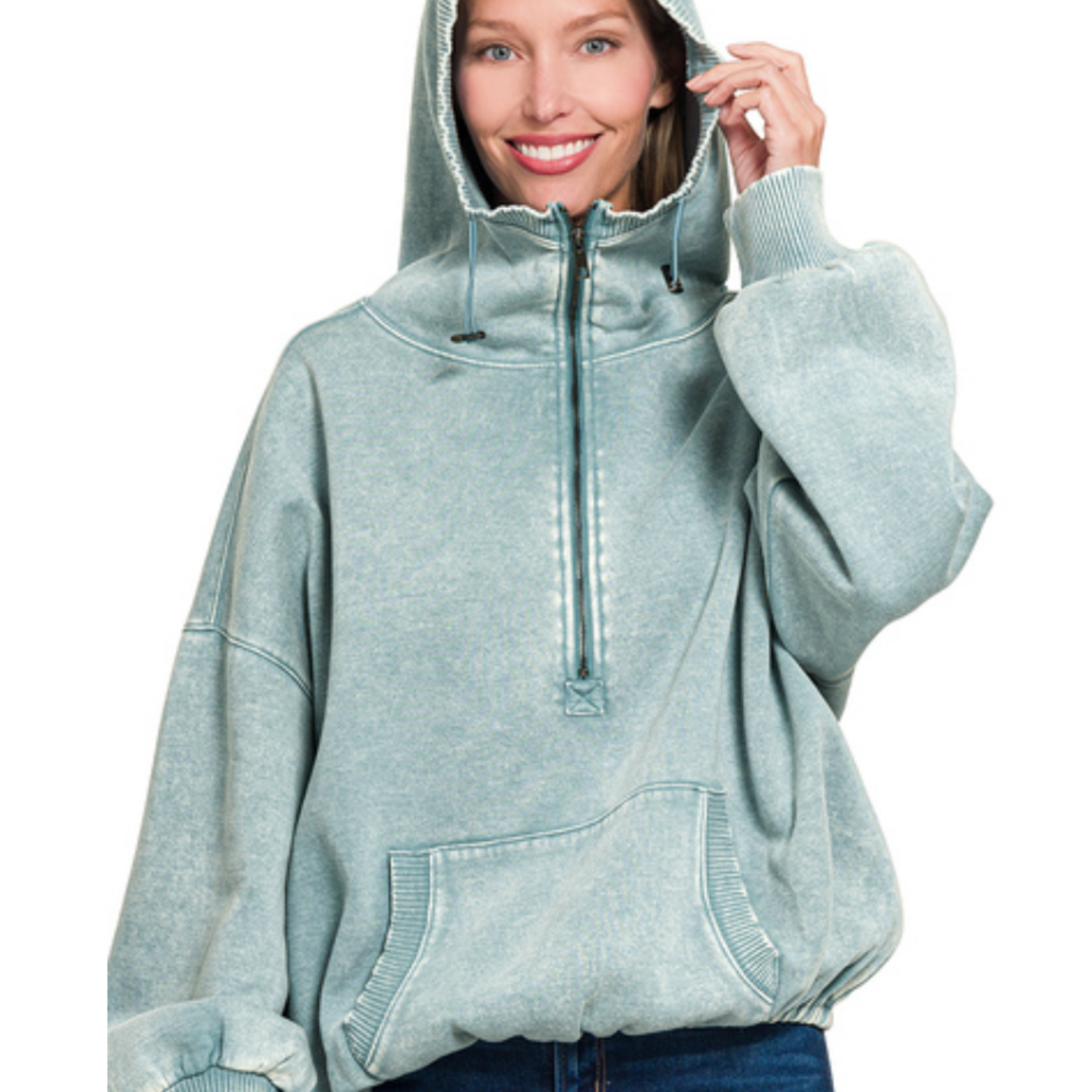 Zenana Zenana Fleece Drawstring Hem Half Zip Kangaroo Hoodie Ash Blue