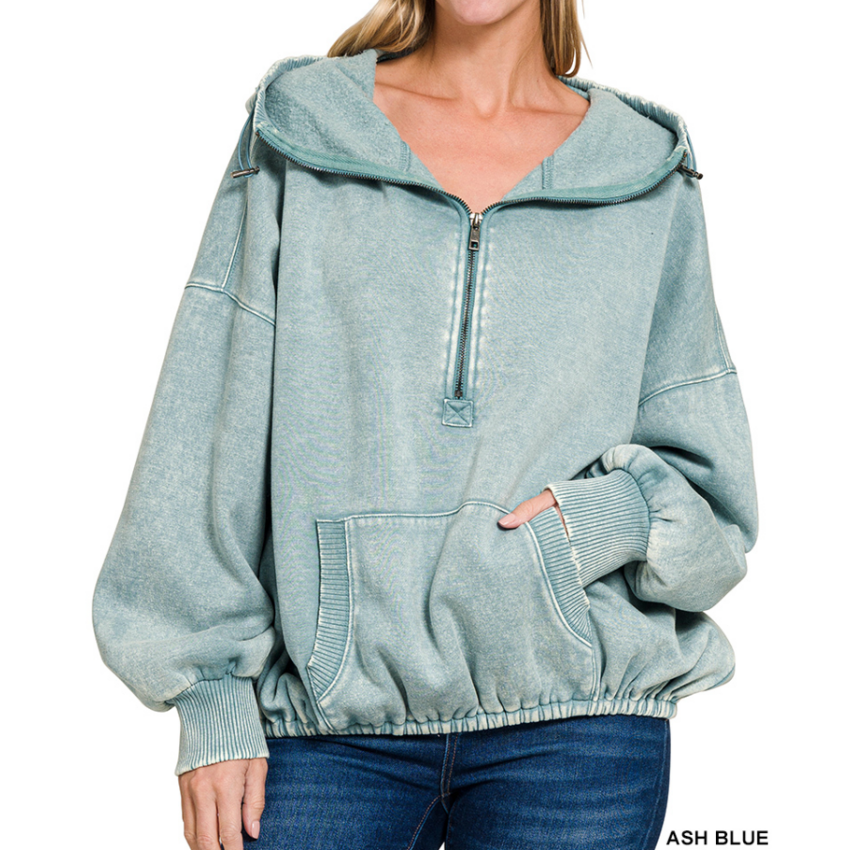 Zenana Zenana Fleece Drawstring Hem Half Zip Kangaroo Hoodie Ash Blue