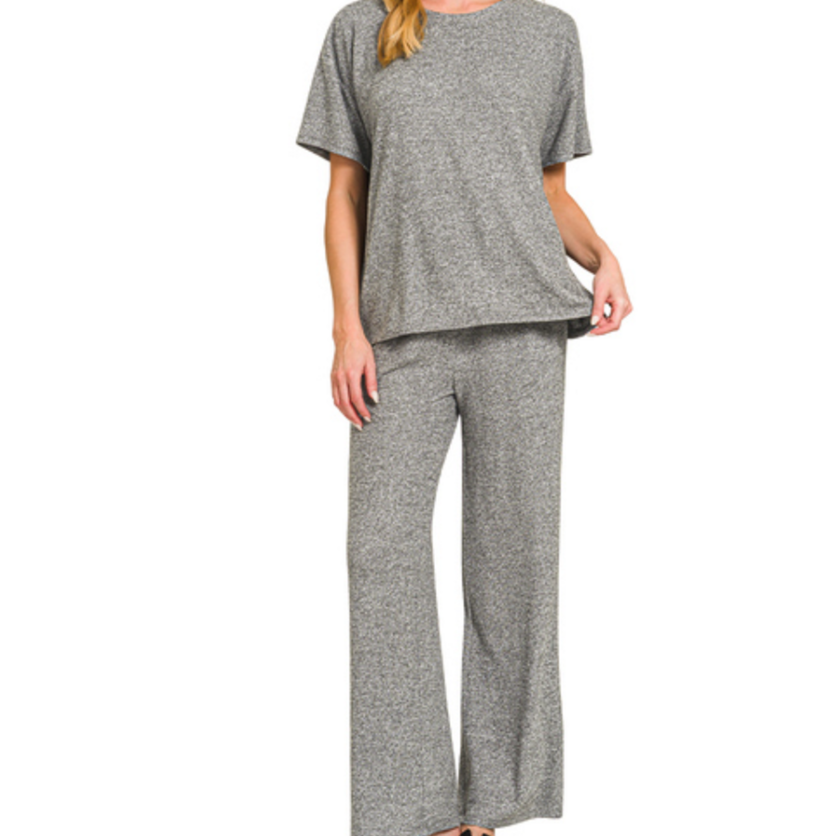 Zenana Zenana Soft Melange Short Sleeve/Pant Set Black