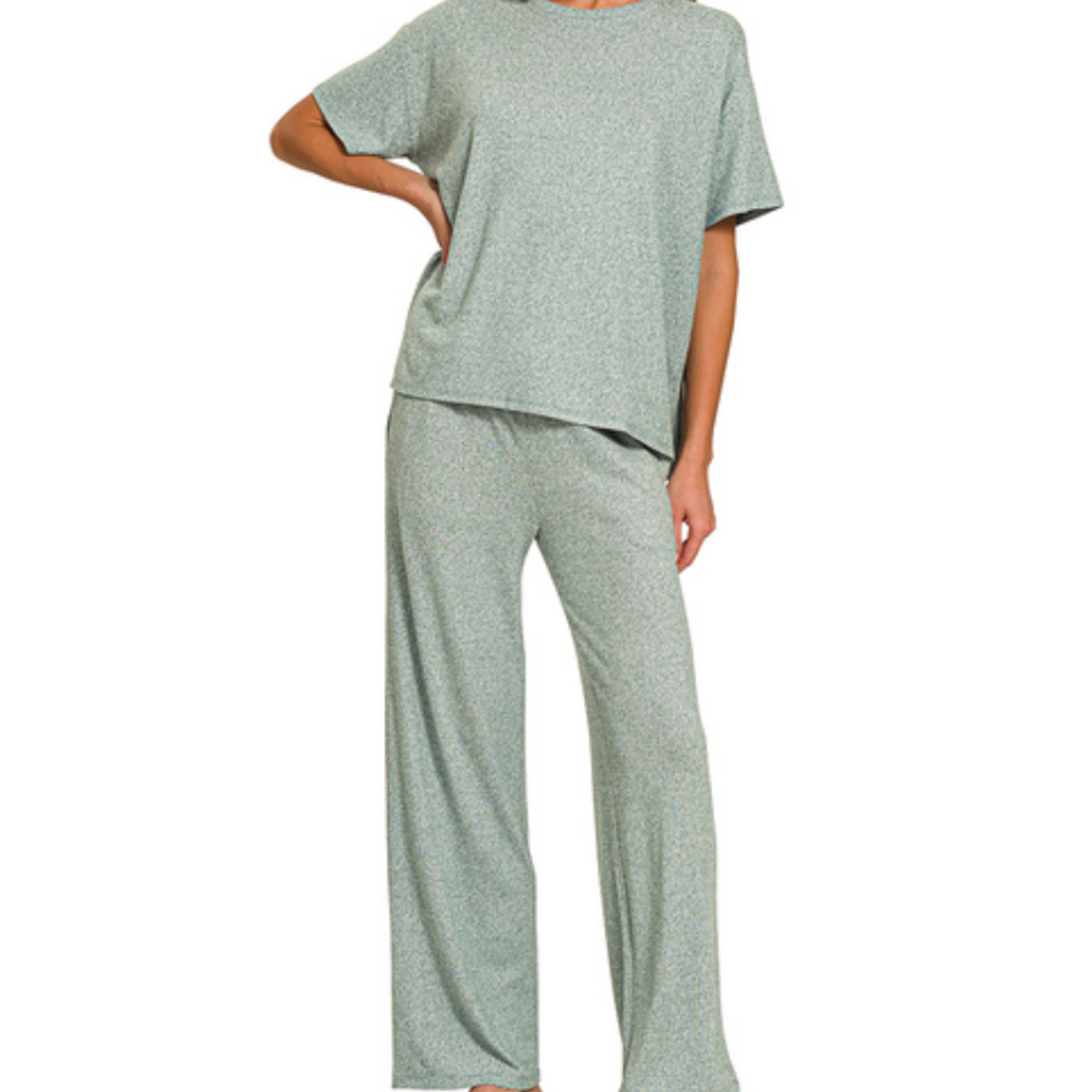 Zenana Zenana Soft Melange Short Sleeve/Pant Set Ash Jade
