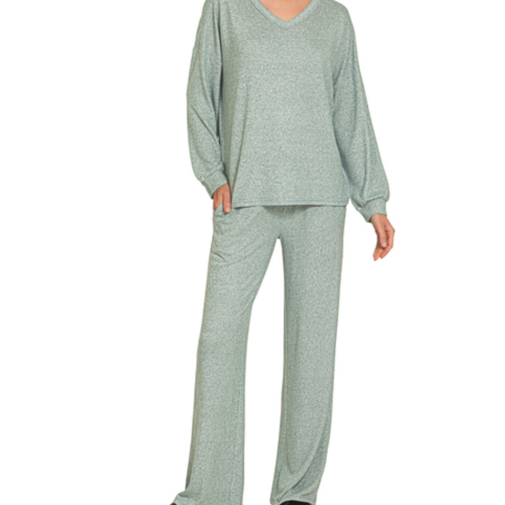 Zenana Zenana Soft Melange V Neck Long Sleeve & Pant Set Ash Jade