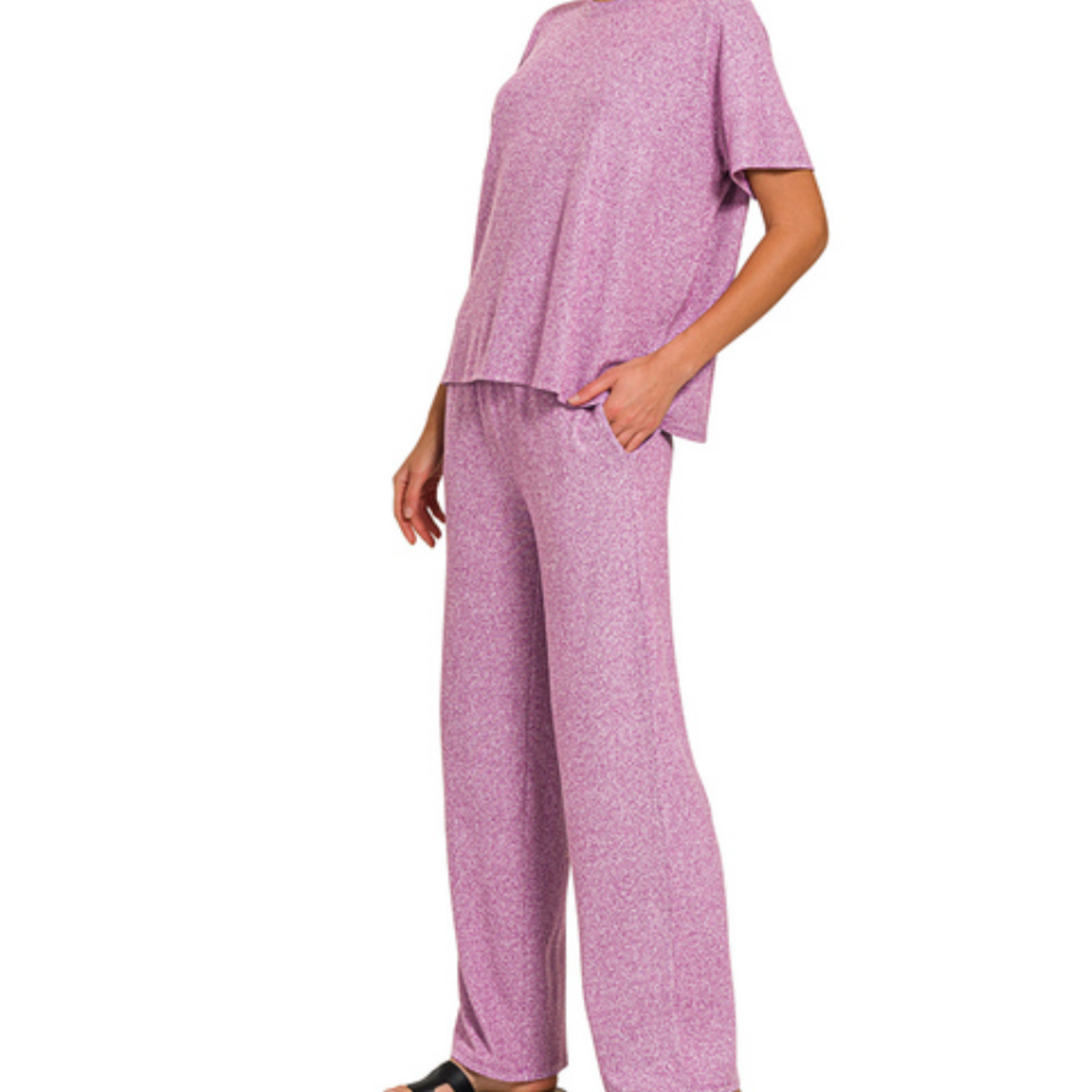 Zenana Zenana Soft Melange Short Sleeve/Pant Set Lt Plum