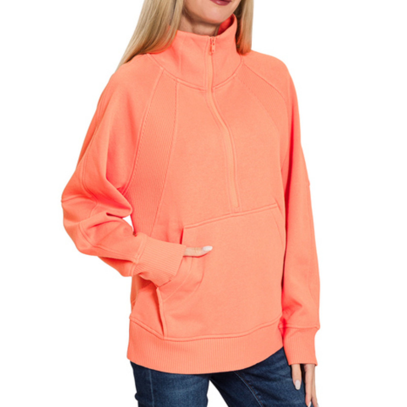 Zenana Zenana Half Zip Fleece Pullover W/ Kangaroo Pocket Coral