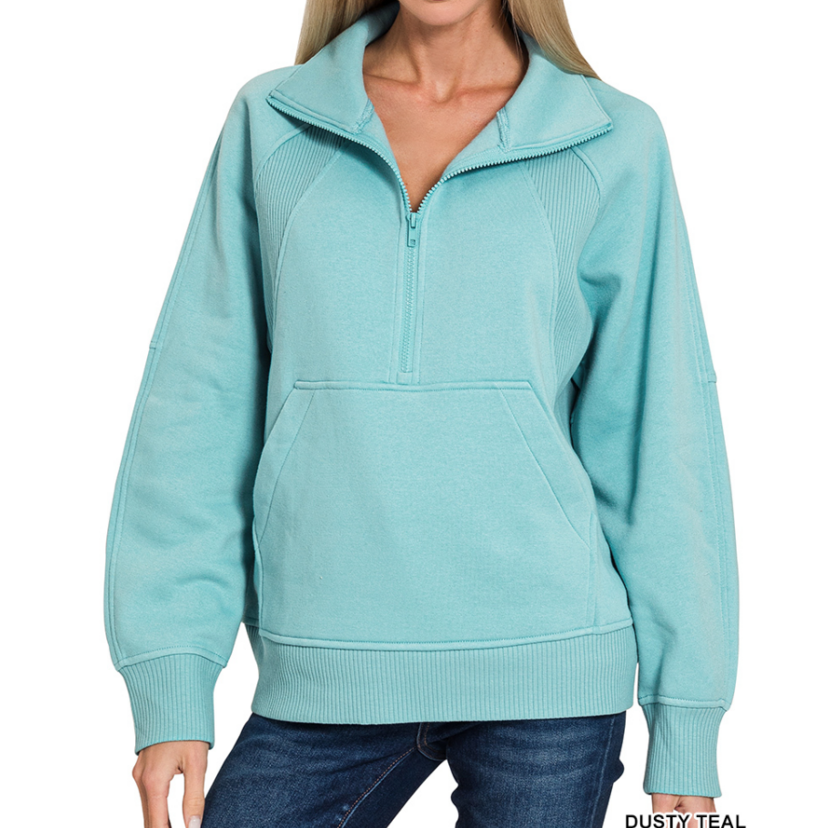 Zenana Zenana Half Zip Fleece Pullover W/ Kangaroo Pocket Dusty Blue