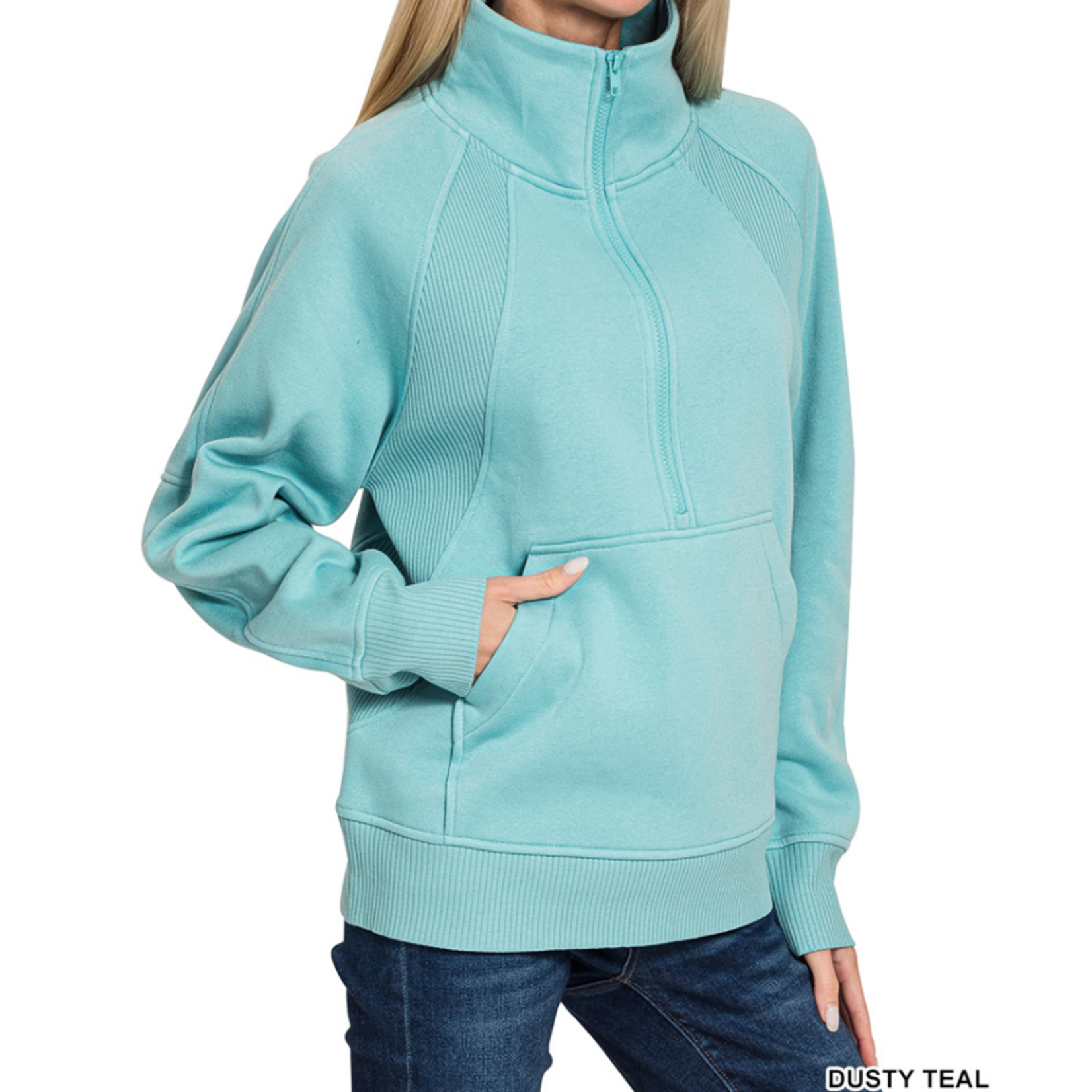 Zenana Zenana Half Zip Fleece Pullover W/ Kangaroo Pocket Dusty Blue