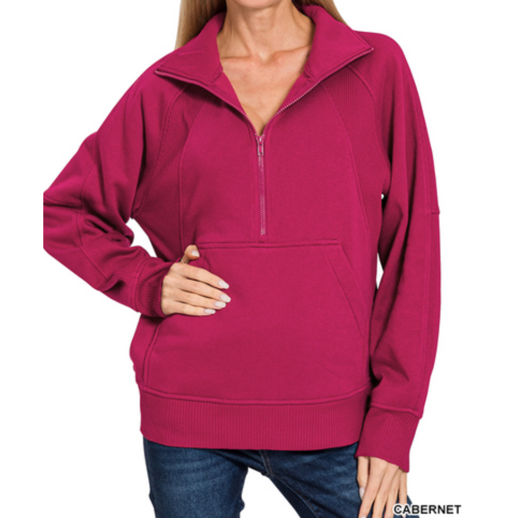 Zenana Zenana Half Zip Fleece Pullover W/ Kangaroo Pocket Cabernet