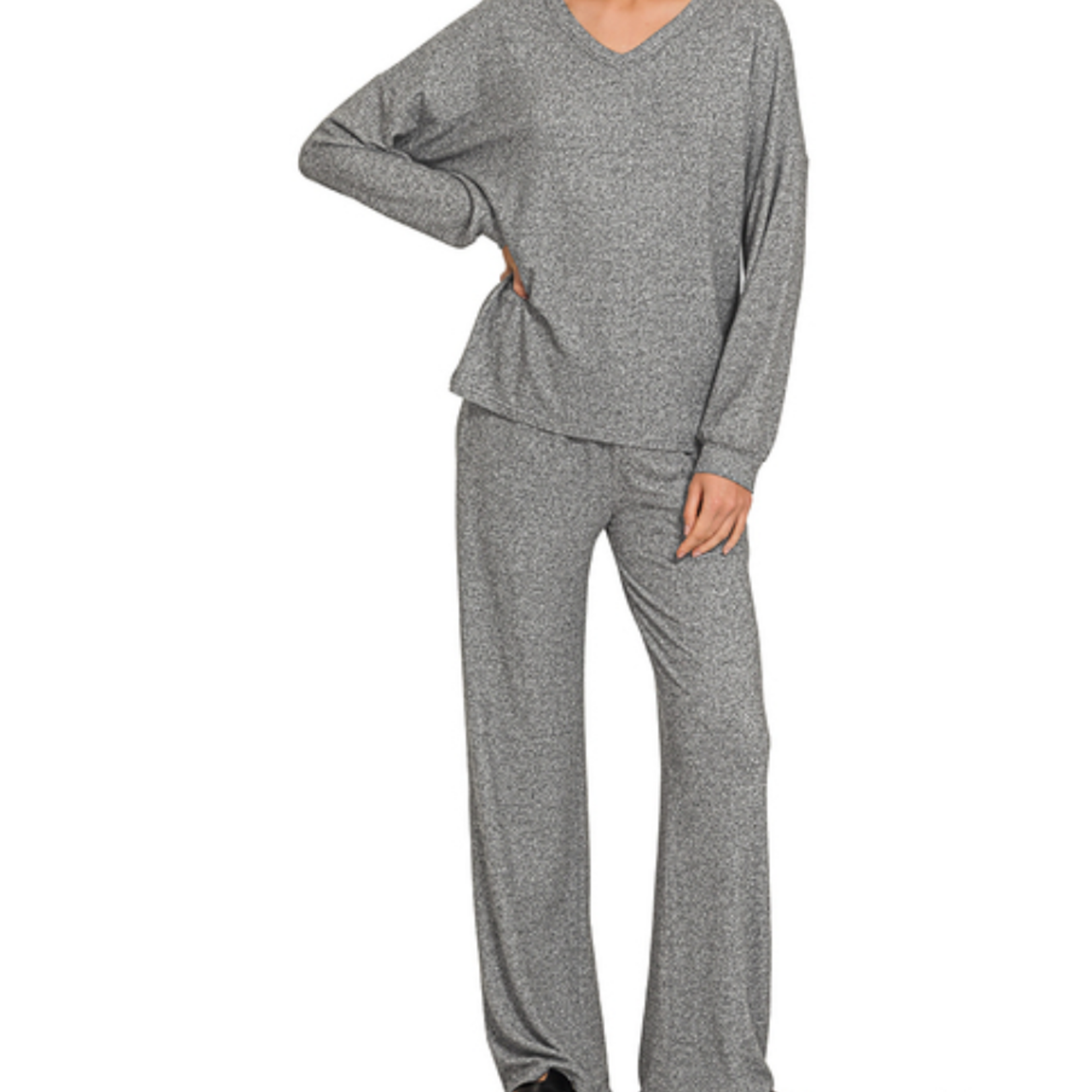 Zenana Zenana Soft Melange V Neck Long Sleeve & Pant Set Black