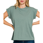 Zenana Zenana Folded Sleeve T-Shirt Heather Ash Jade