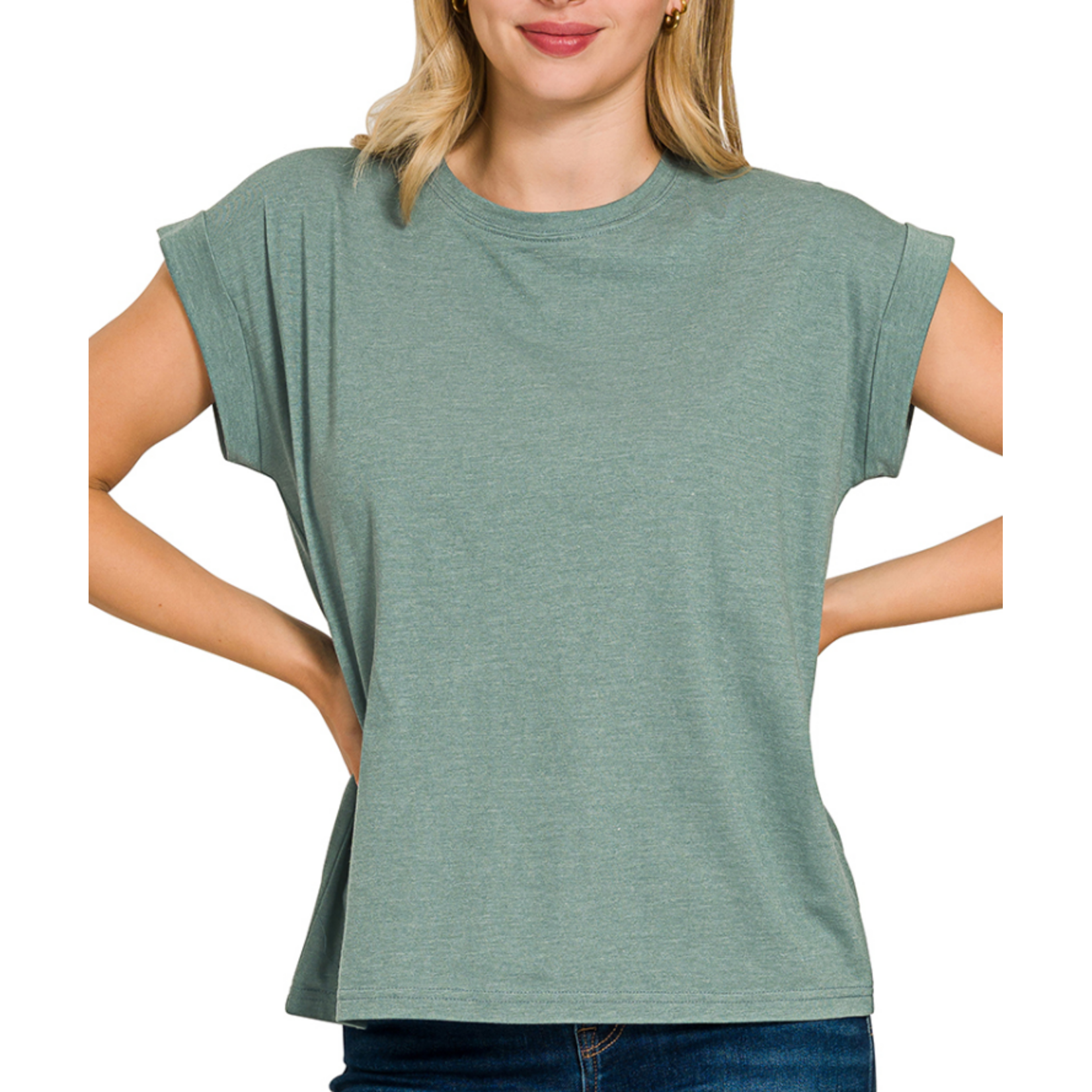 Zenana Zenana Folded Sleeve T-Shirt Heather Ash Jade