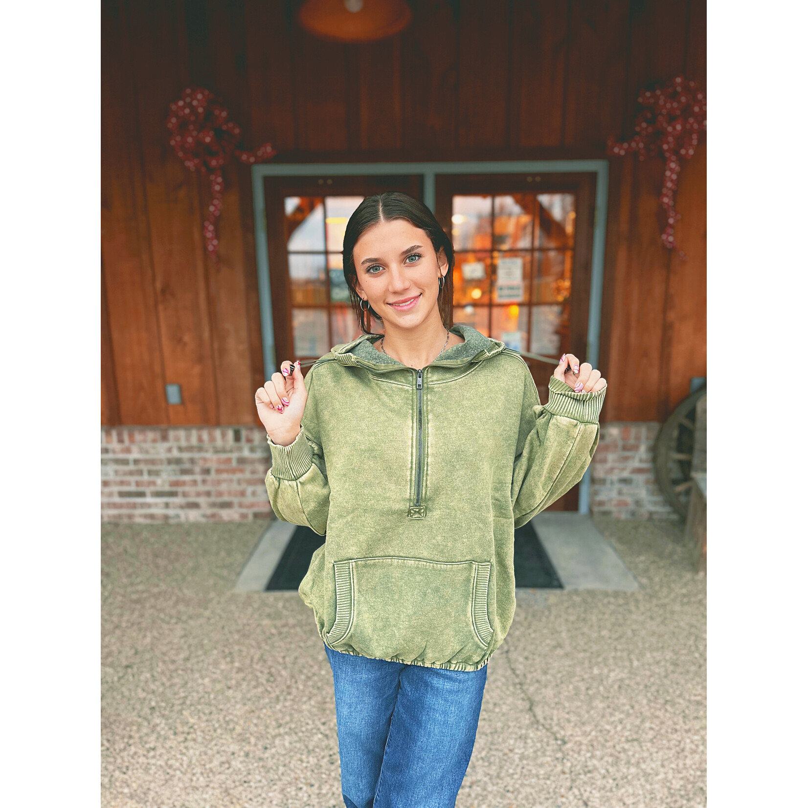 Zenana Zenana Fleece Drawstring Hem Half Zip Kangaroo Hoodie Lt Olive