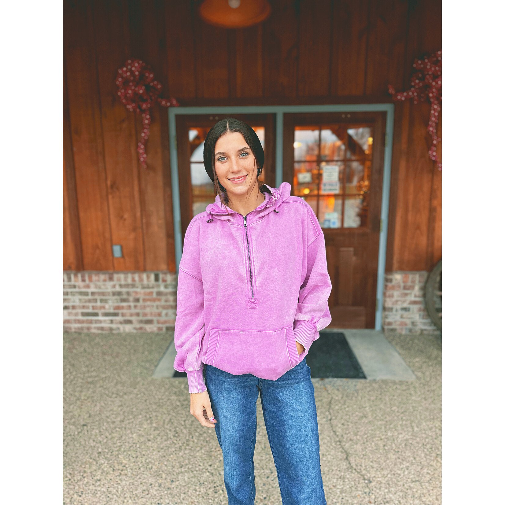 Zenana Zenana Fleece Drawstring Hem Half Zip Kangaroo Hoodie Mauve