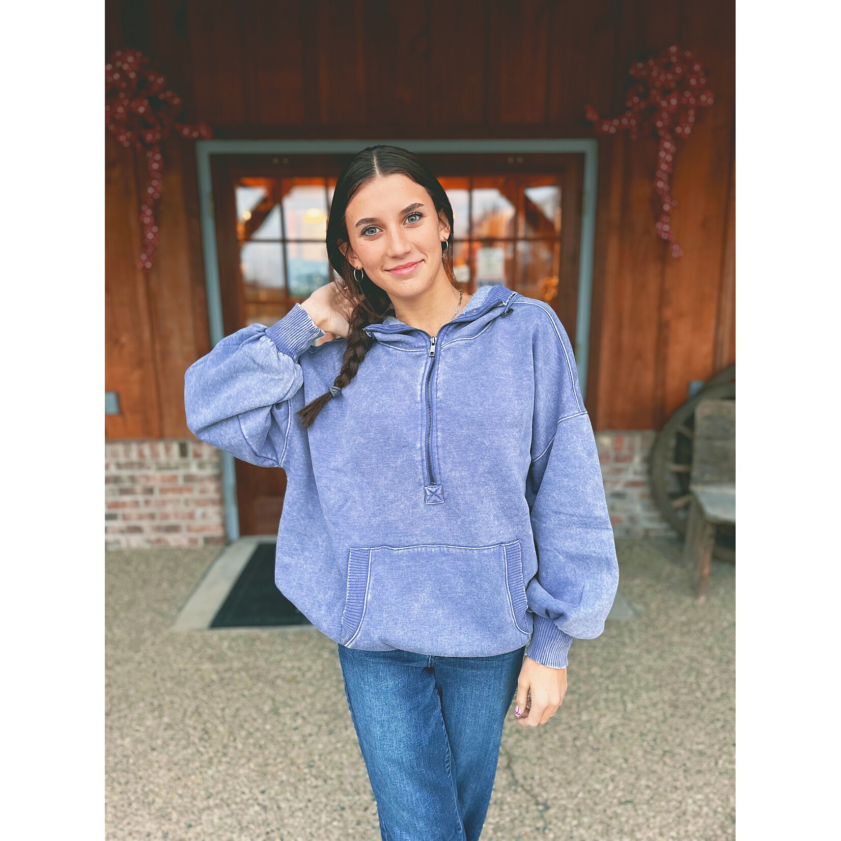 Zenana Zenana Fleece Drawstring Hem Half Zip Kangaroo Hoodie Marlin