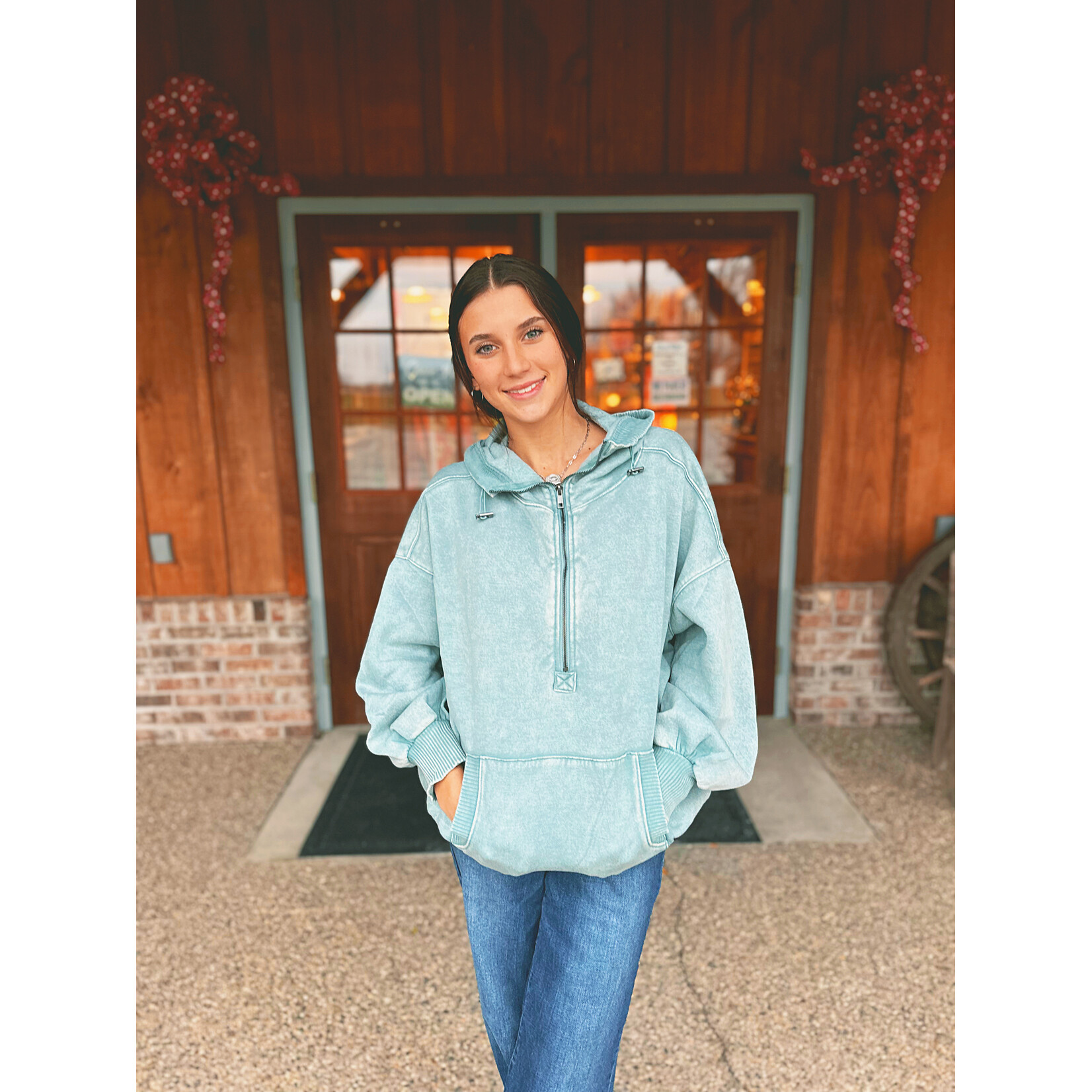 Zenana Zenana Fleece Drawstring Hem Half Zip Kangaroo Hoodie Ash Blue