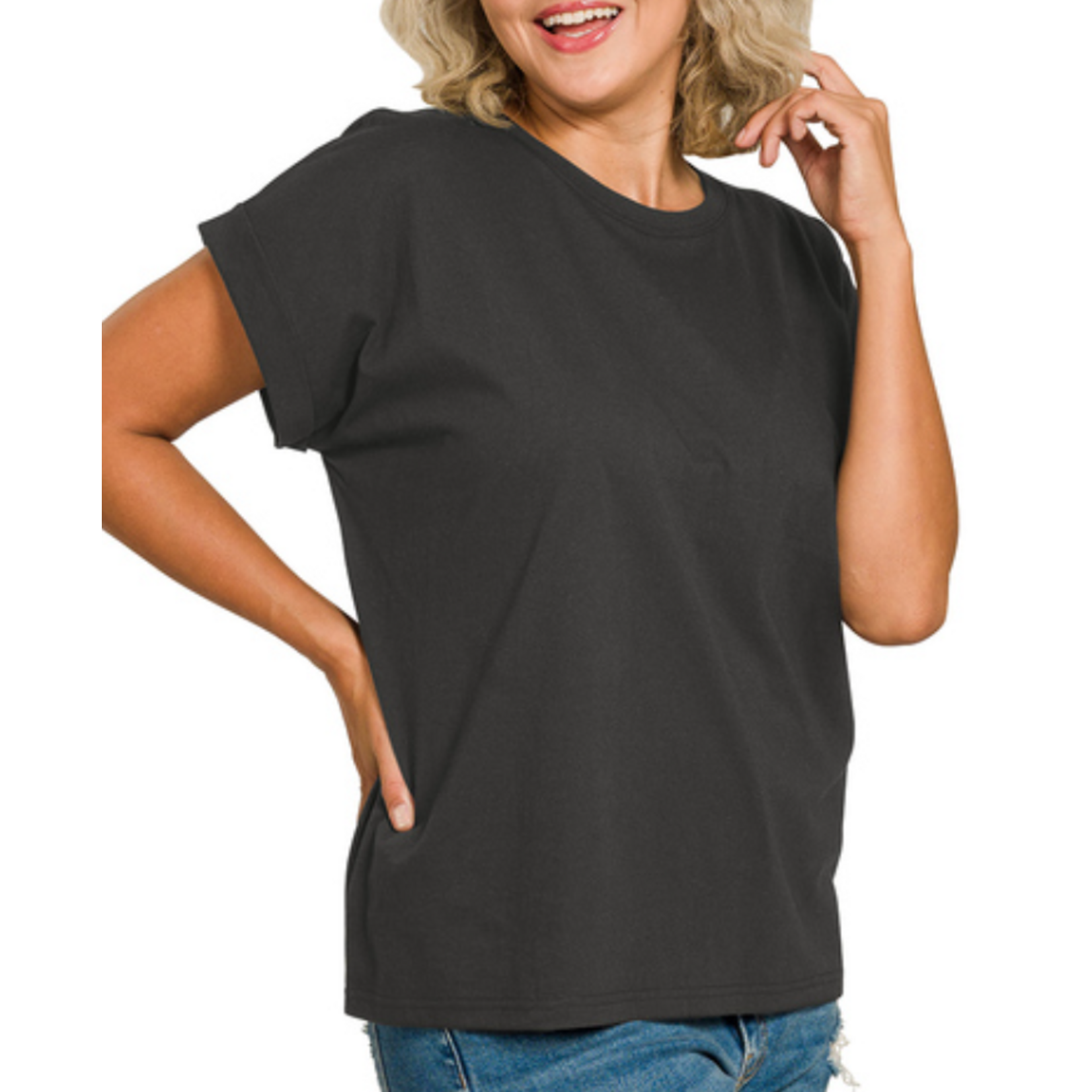 Zenana Zenana Cotton Folded Sleeve T-Shirt Black