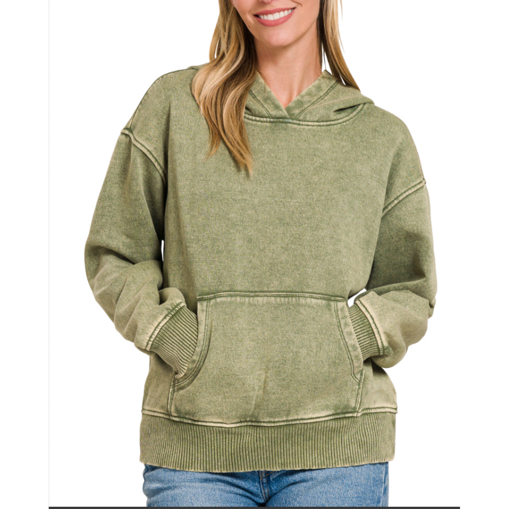 Zenana Zenana Fleece Drawstring Hem Half Zip Kangaroo Hoodie Lt Olive