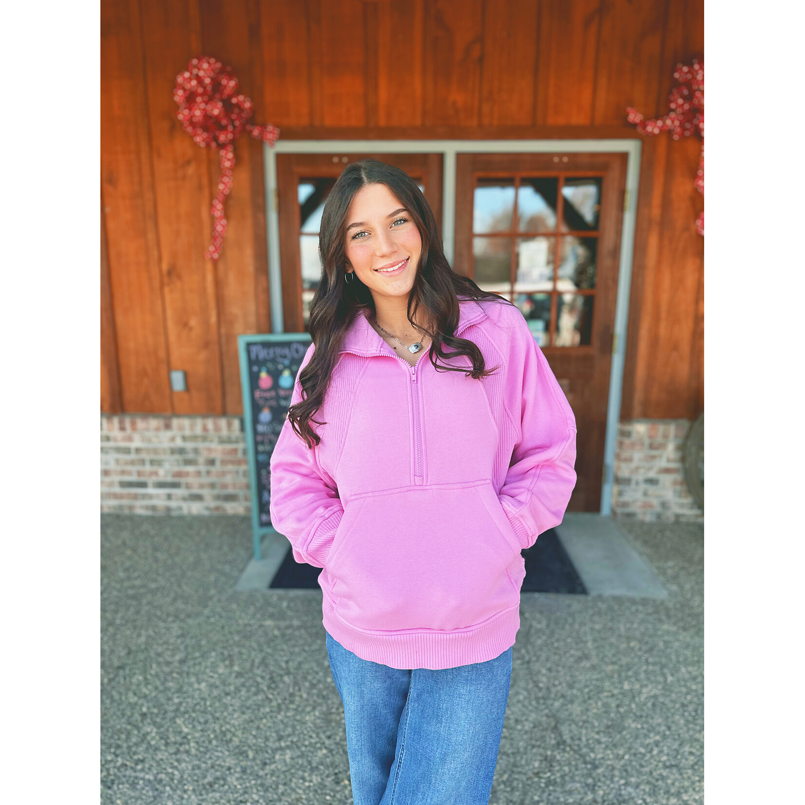 Zenana Zenana Half Zip Fleece Pullover W/ Kangaroo Pocket Candy Pink