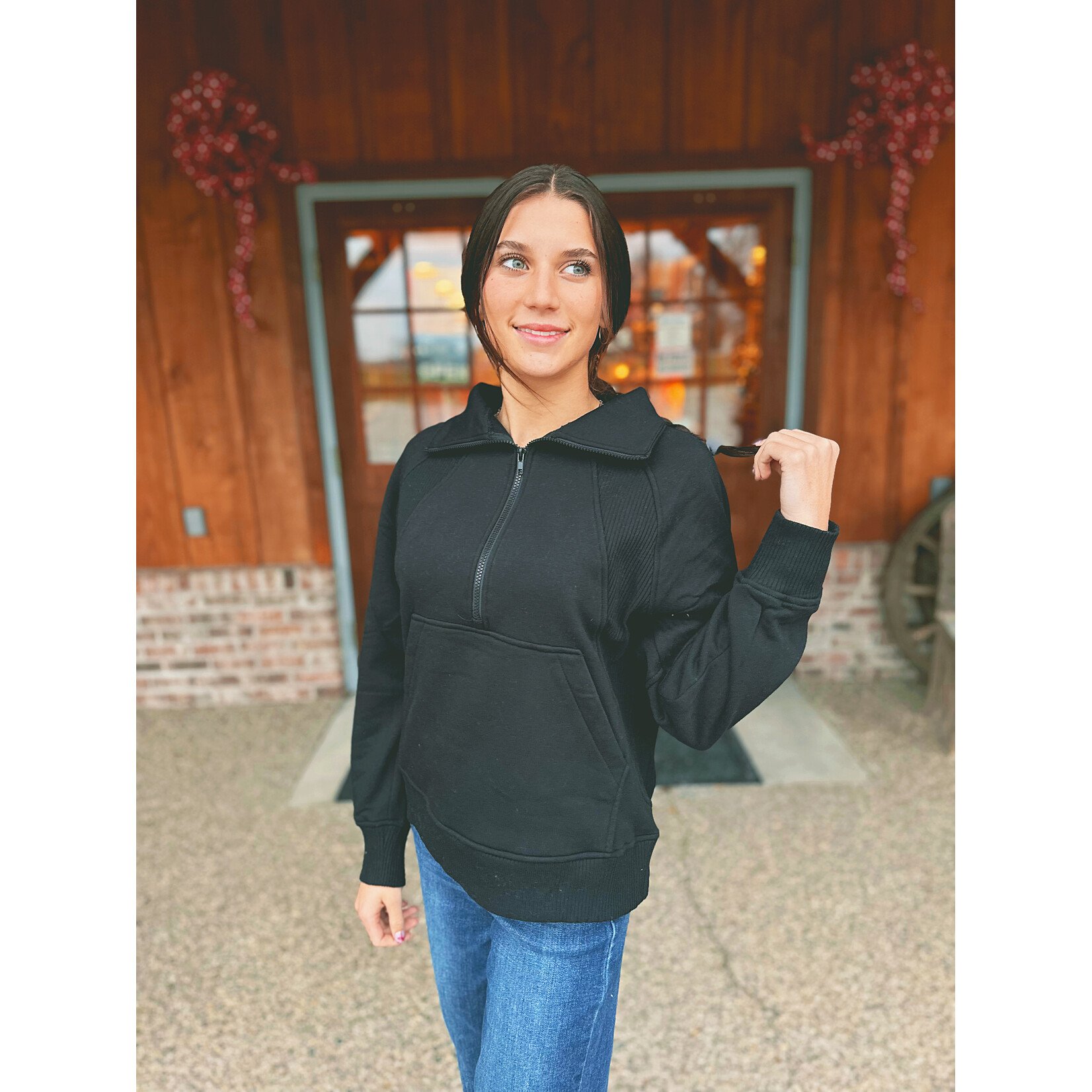 Zenana Zenana Half Zip Fleece Pullover W/ Kangaroo Pocket Black