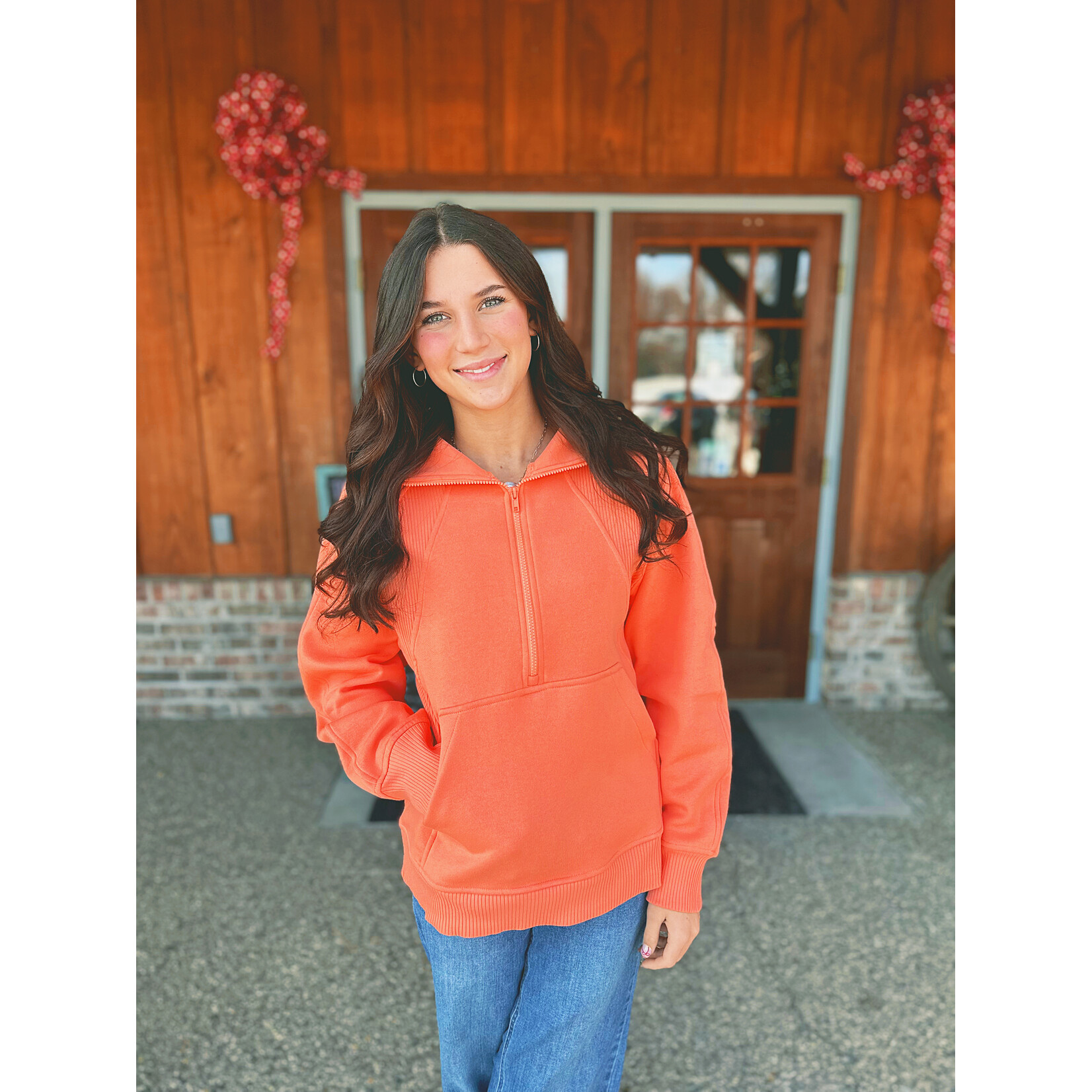Zenana Zenana Half Zip Fleece Pullover W/ Kangaroo Pocket Coral