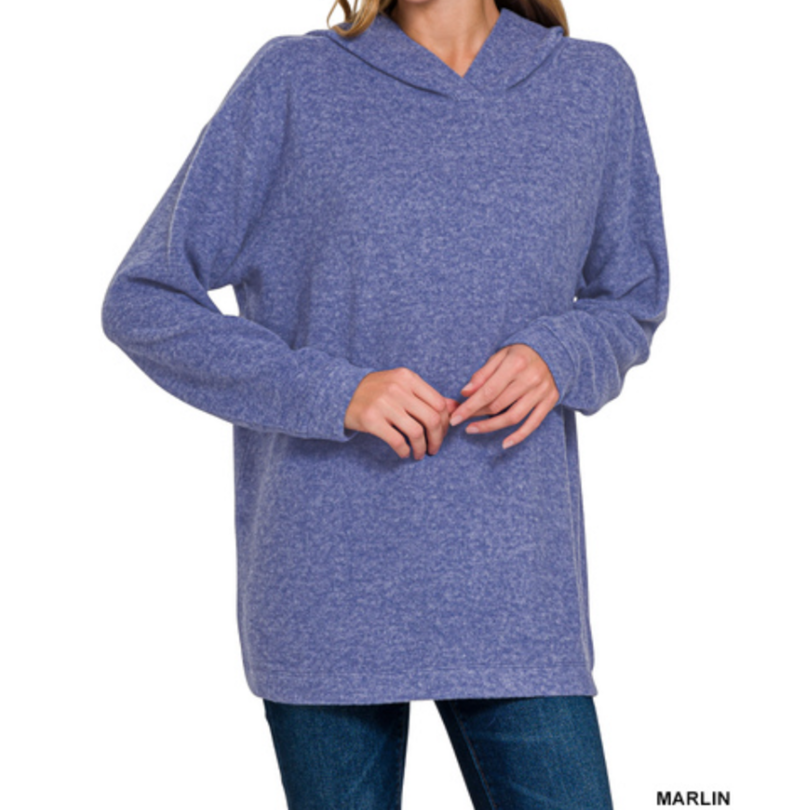 Zenana Zenana Hooded Brushed Melange Hacci Sweater Marlin