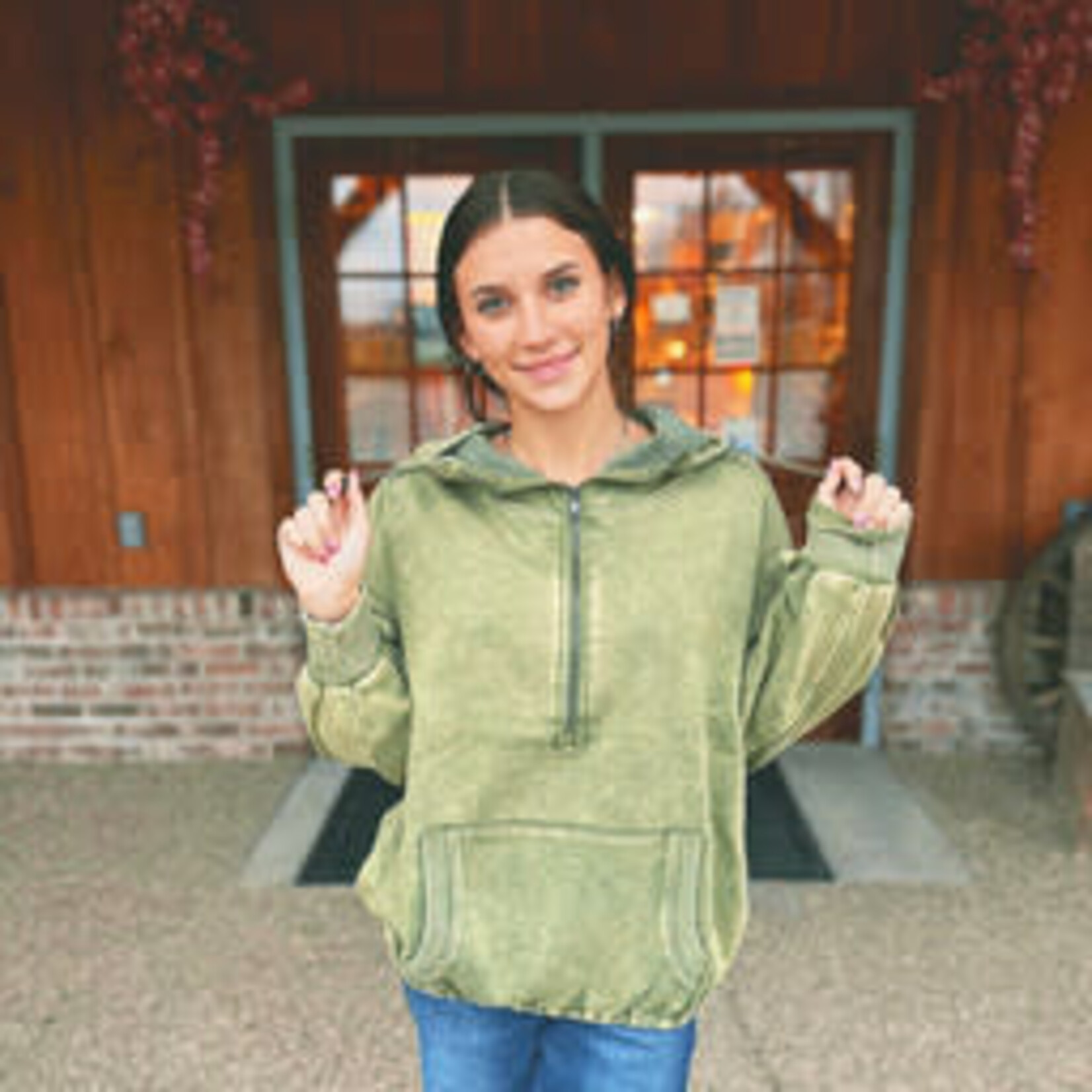 Zenana Zenana Fleece Drawstring Hem Half Zip Kangaroo Hoodie Lt Olive