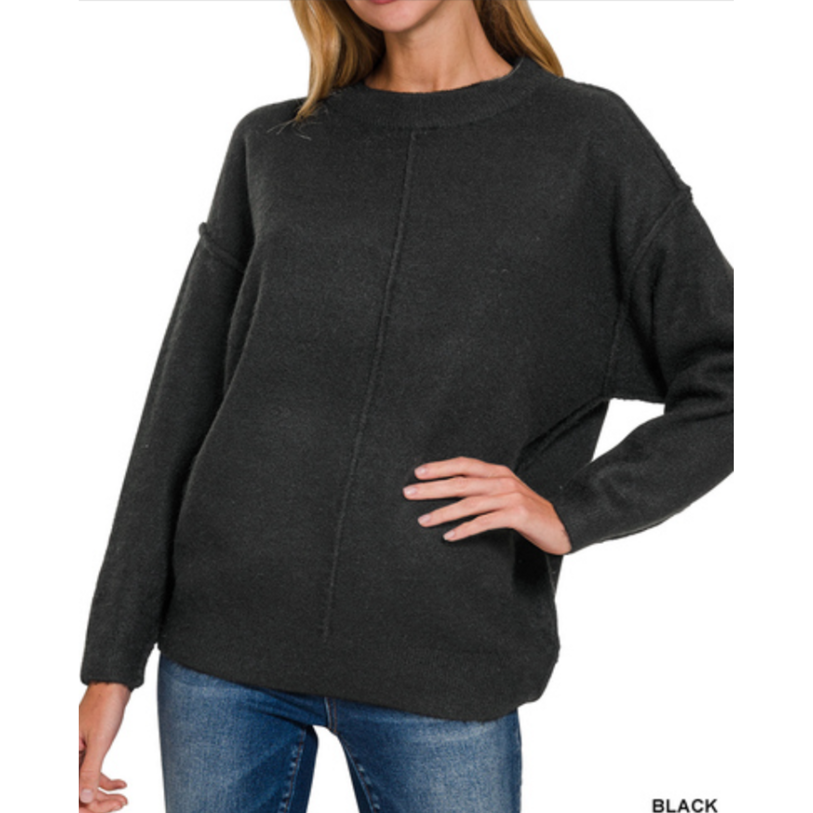 Zenana Zenana Melange Front Seam Round Neck Sweater Black