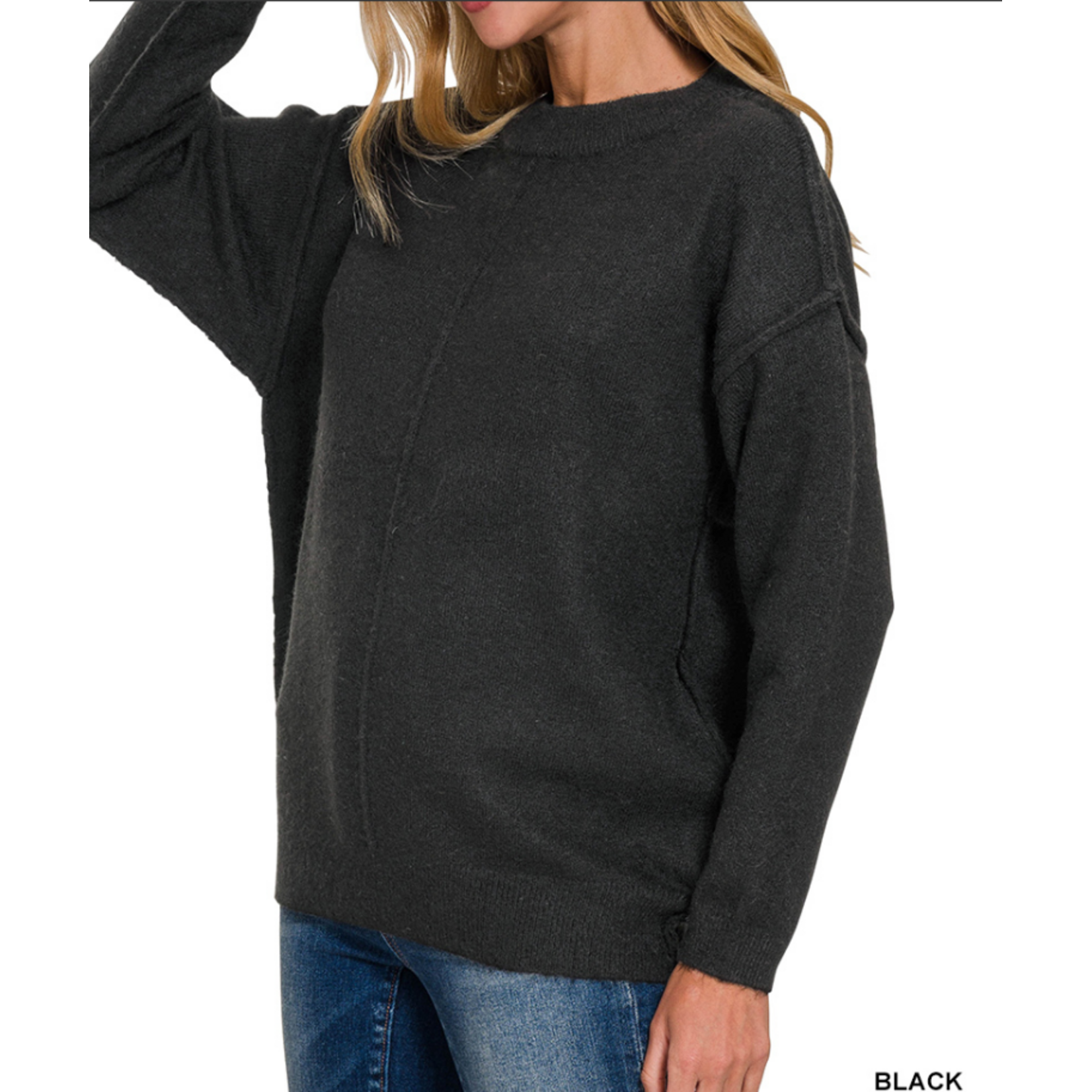 Zenana Zenana Melange Front Seam Round Neck Sweater Black
