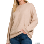 Zenana Zenana Melange Front Seam Round Neck Sweater Heather Beige