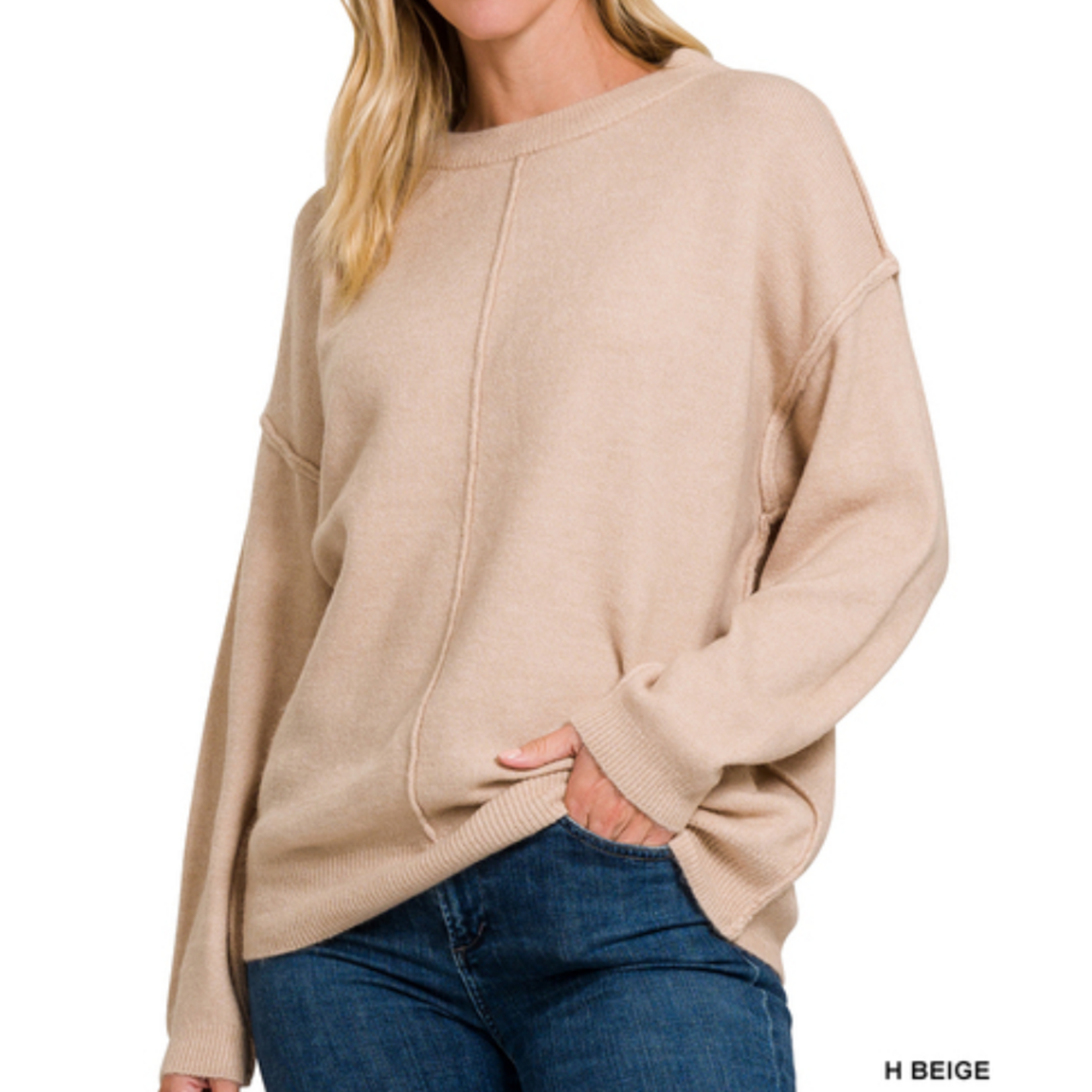Zenana Zenana Melange Front Seam Round Neck Sweater Heather Beige