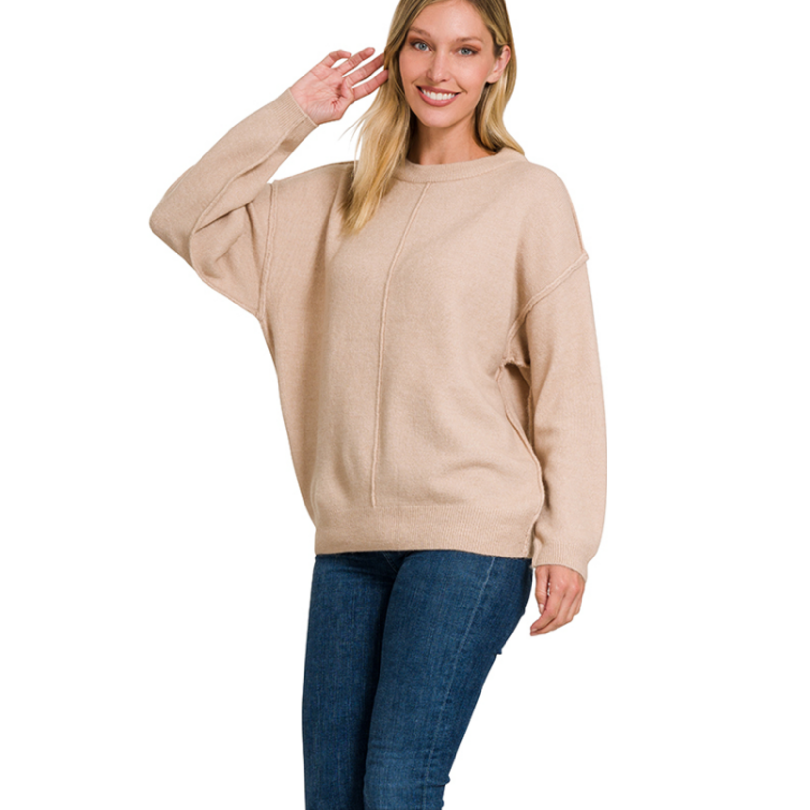 Zenana Zenana Melange Front Seam Round Neck Sweater Heather Beige