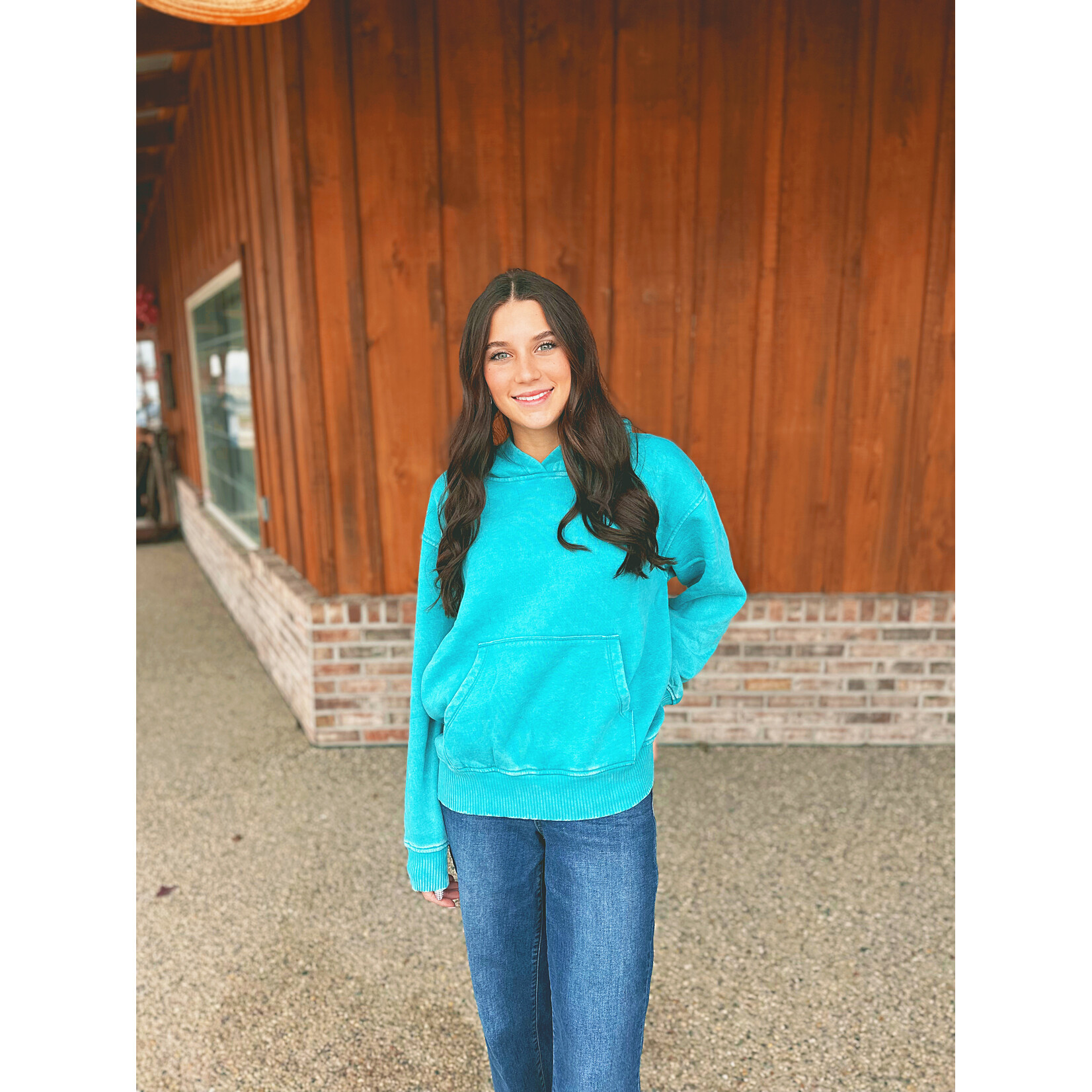 Zenana Zenana Fleece Acid Wash Kangaroo Pocket Hoodie Lt. Teal