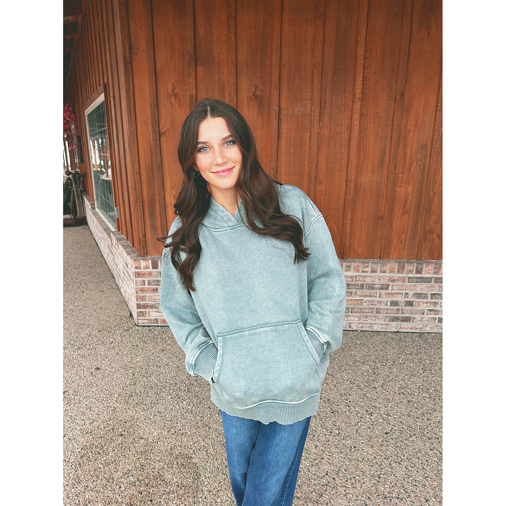 Zenana Zenana Fleece Acid Wash Kangaroo Pocket Hoodie Ash Jade