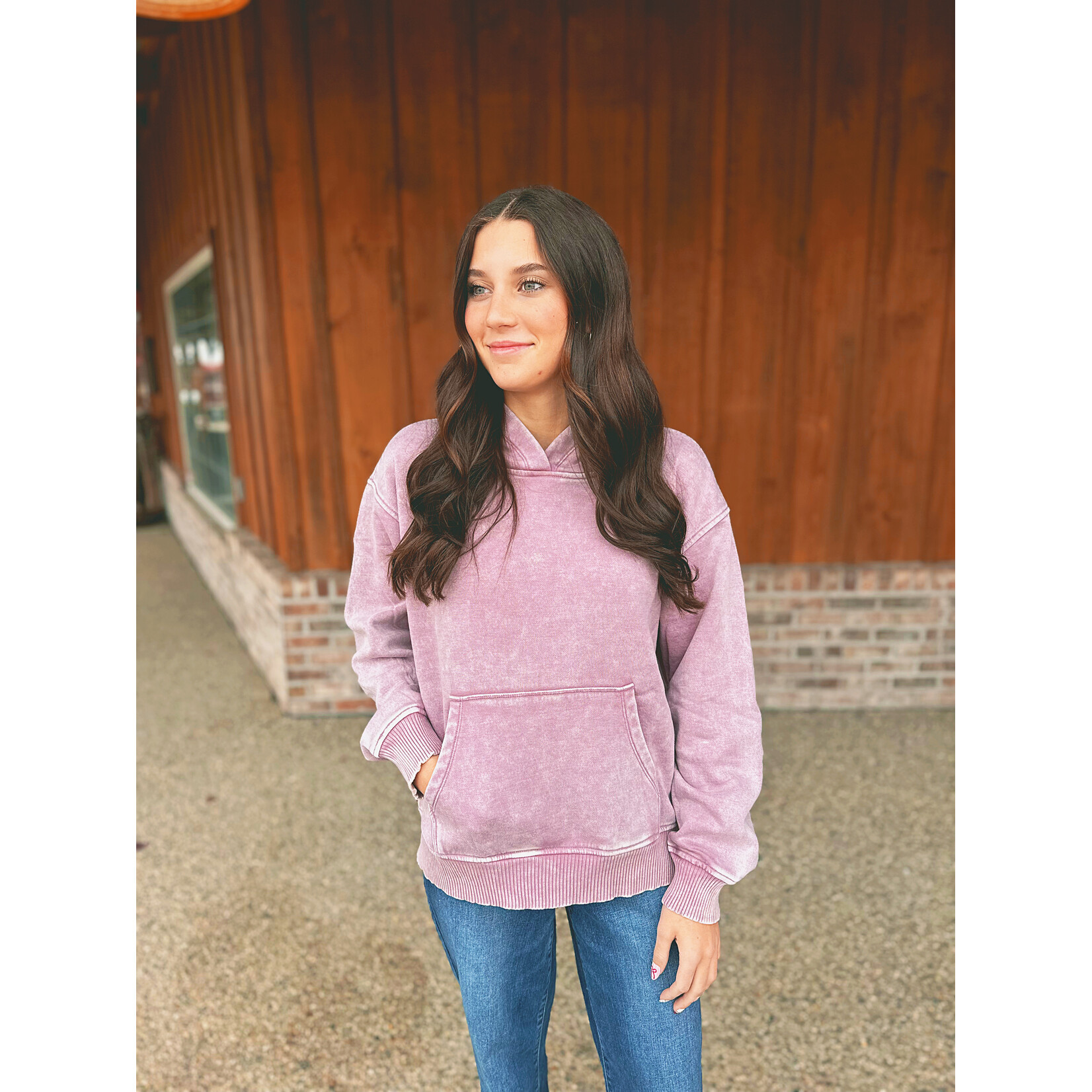 Zenana Zenana Fleece Acid Wash Kangaroo Pocket Hoodie Lt Rose