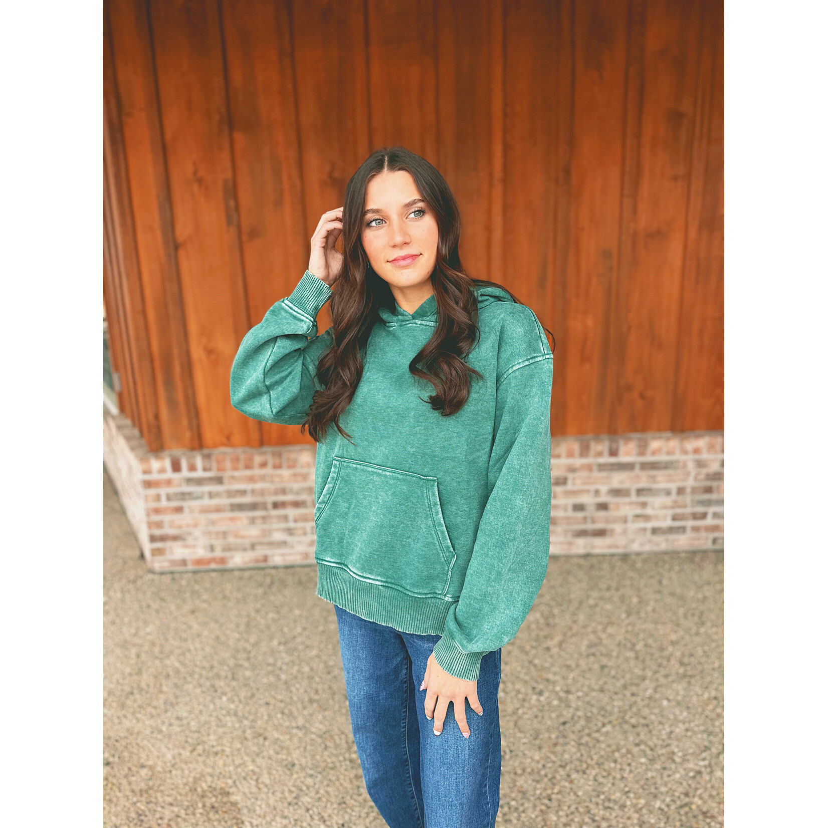 Zenana Zenana Fleece Acid Wash Kangaroo Pocket Hoodie DK Green