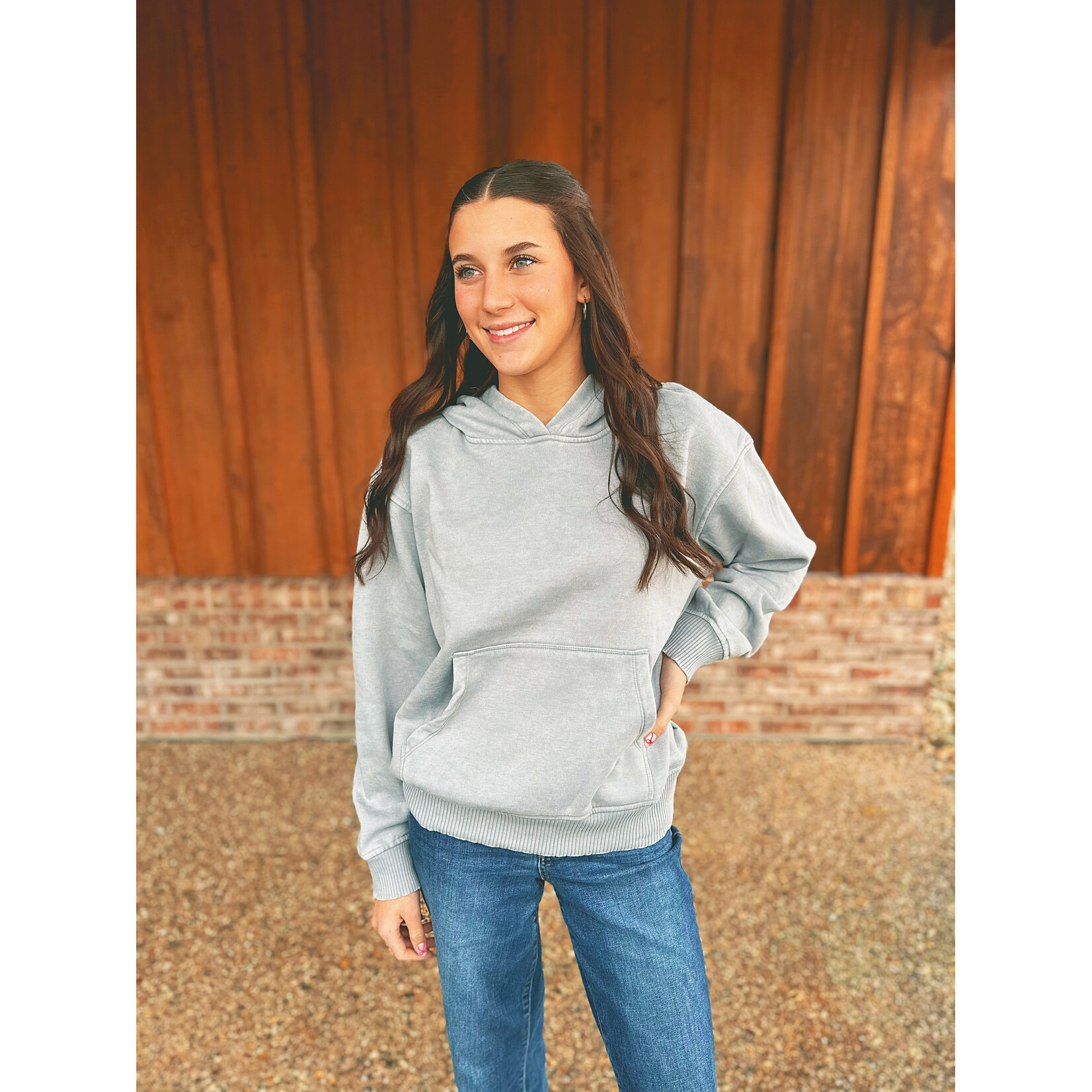 Zenana Zenana Fleece Acid Wash Kangaroo Pocket Hoodie Sleet