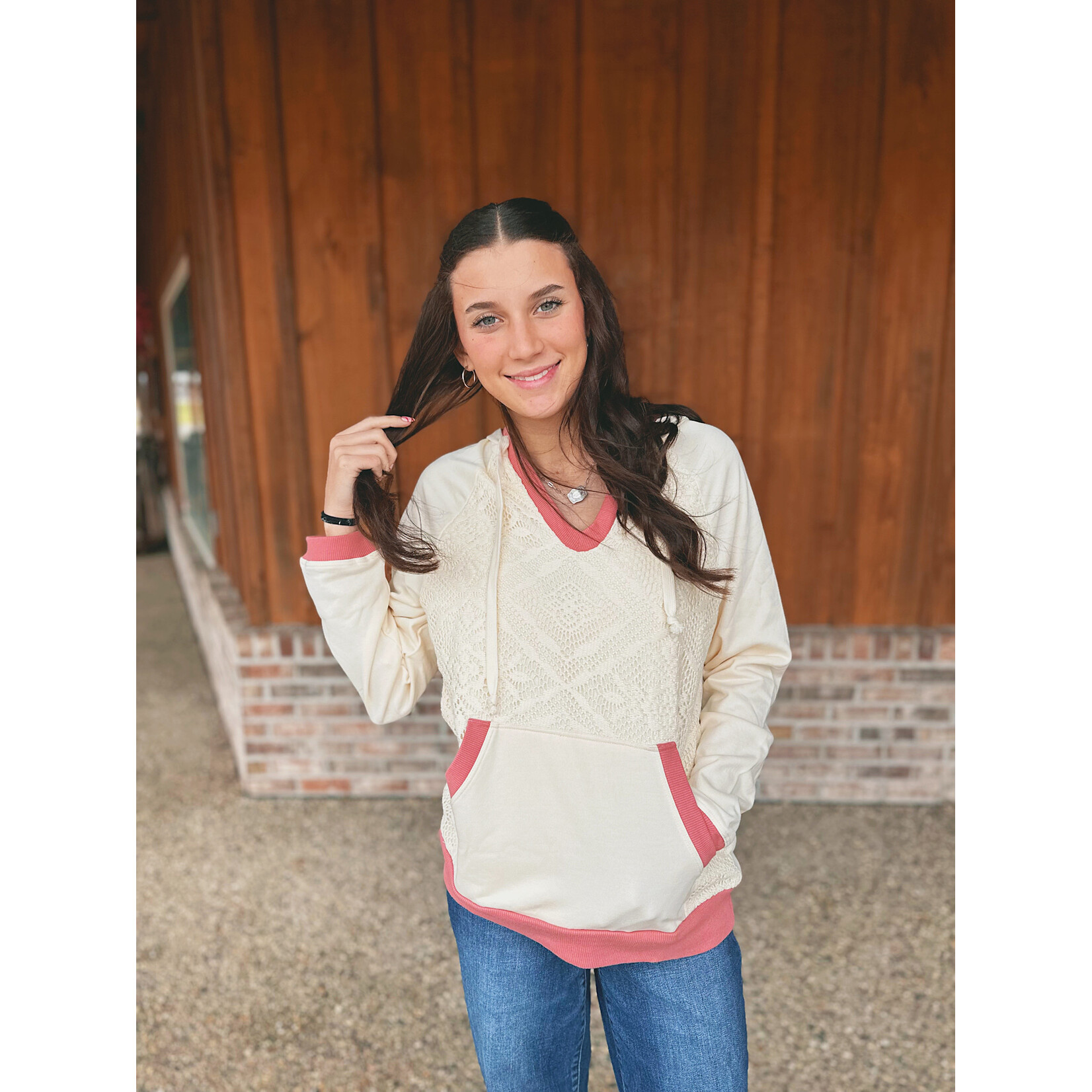 Little Daisy Closet Little Daisy Closet Trim Crochet Knit Patchwork Exposed Seam Hoodie