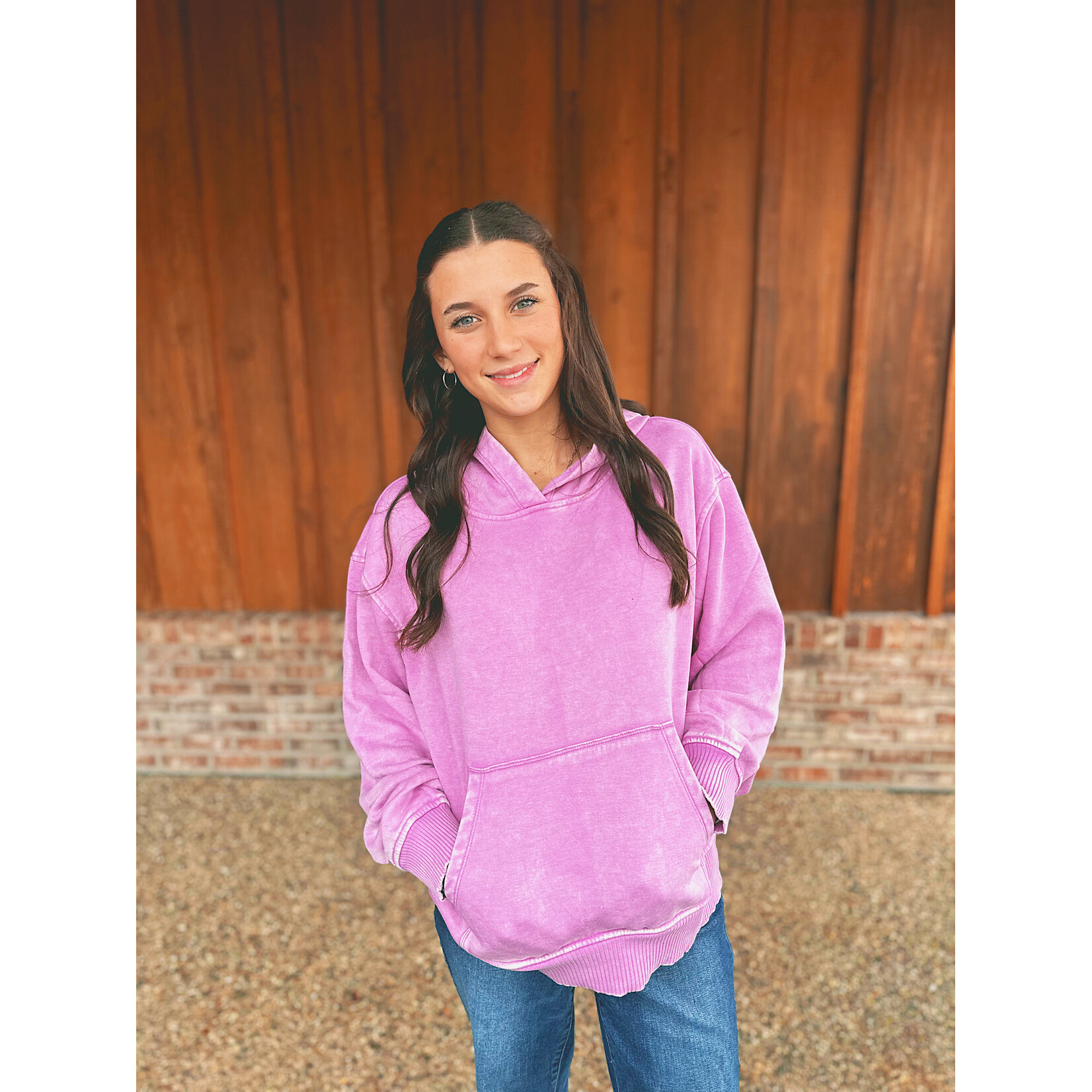 Zenana Zenana Fleece Acid Wash Kangaroo Pocket Hoodie Mauve