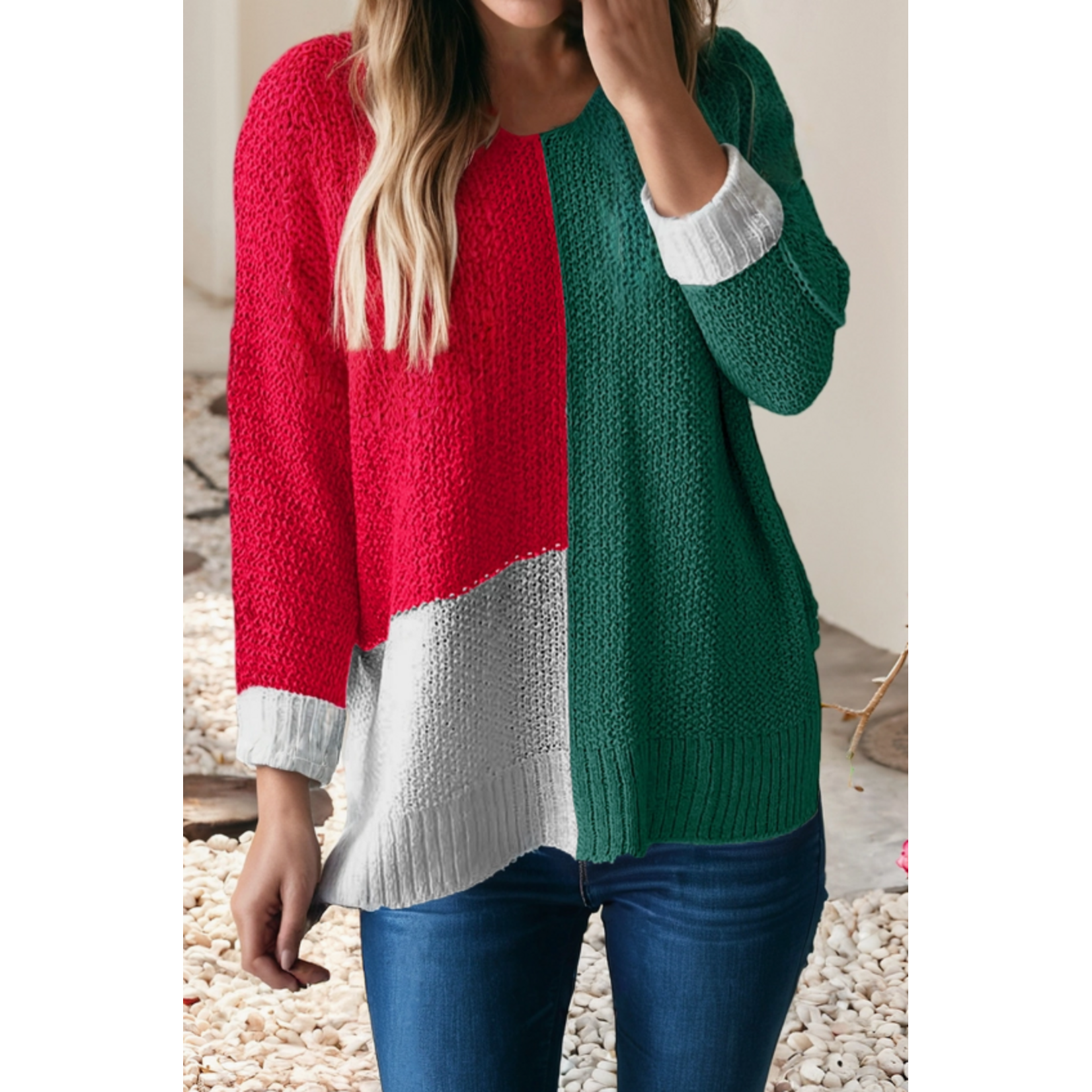 Little Daisy Closet Little Daisy Closet Color Block Knit V-Neck Loose Sweater Evergreen