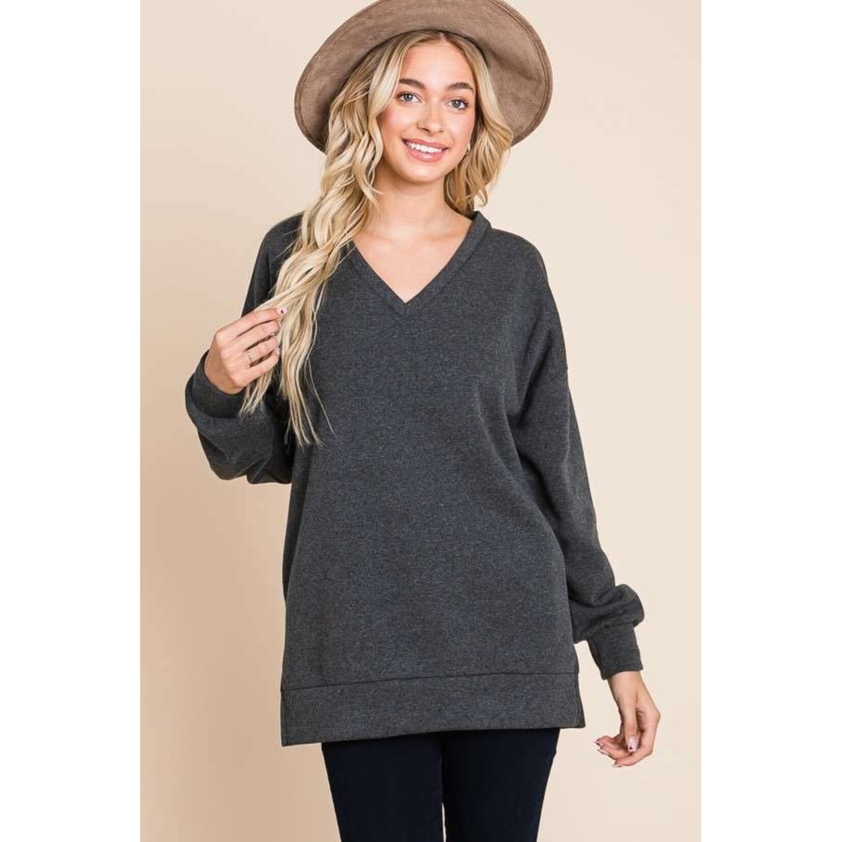 Culture Code Culture Code Oversized V Neck Long Sleeve Sweatshirt Charcoal