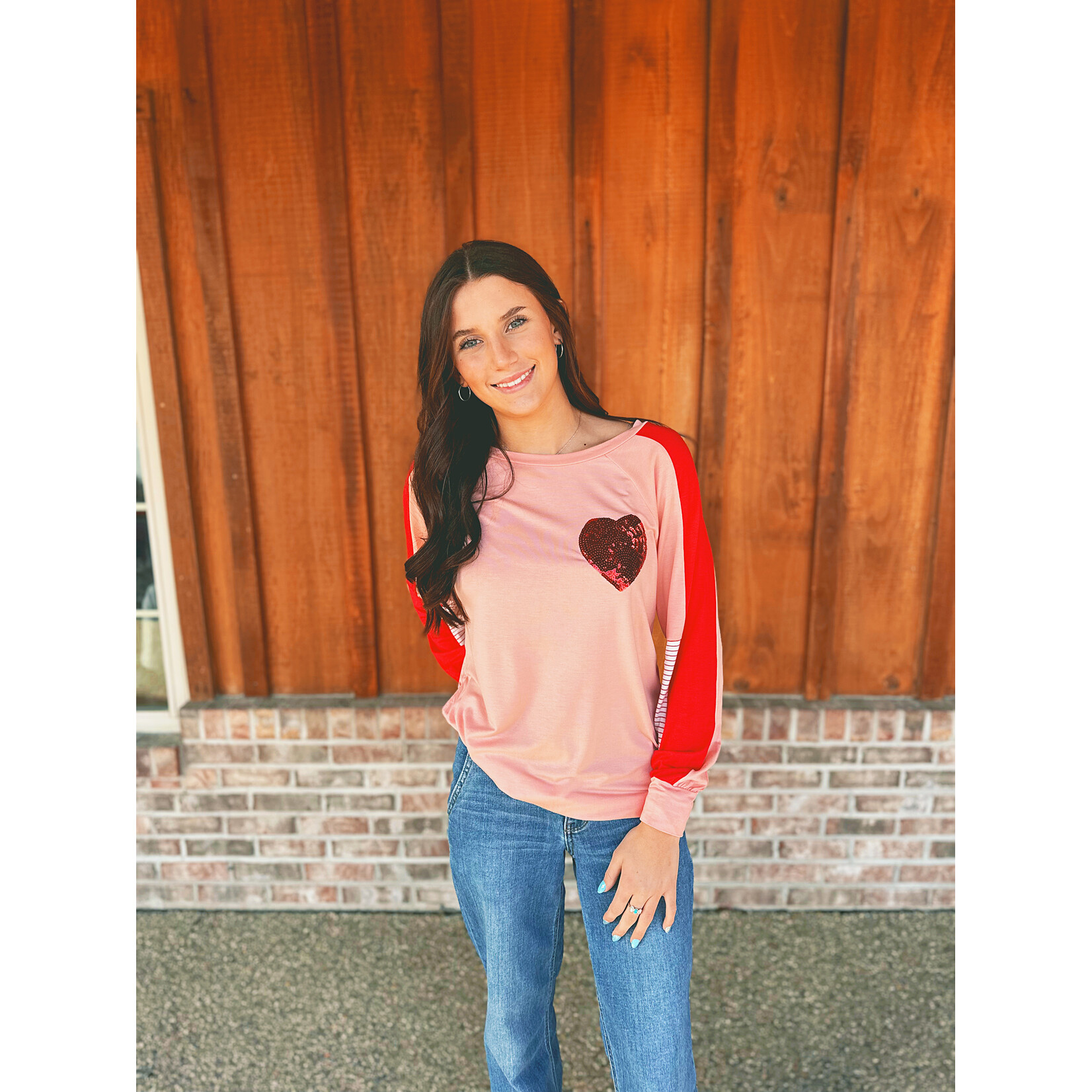 7th Ray Color Block Long Sleeve Shirt with Sequin Heart