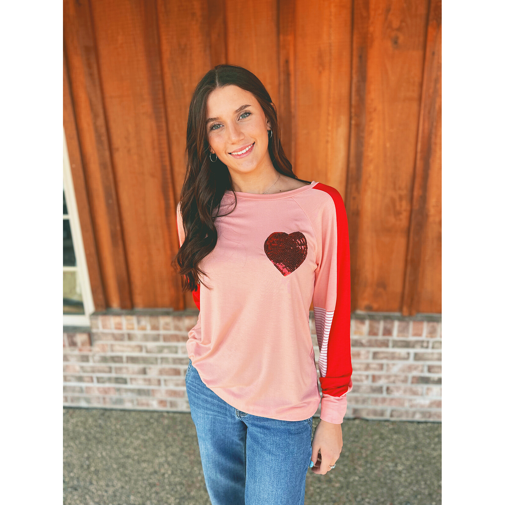 7th Ray Color Block Long Sleeve Shirt with Sequin Heart
