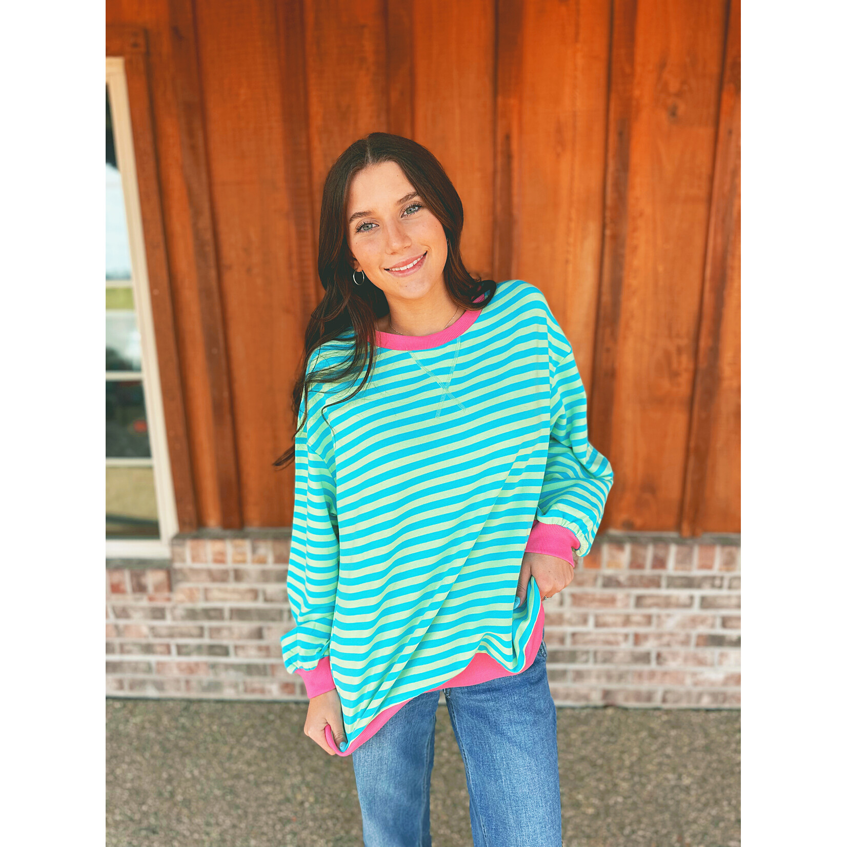 Lovesoft Lovesoft Oversized Striped Sweater Bold Trim Sky Blue Stripe