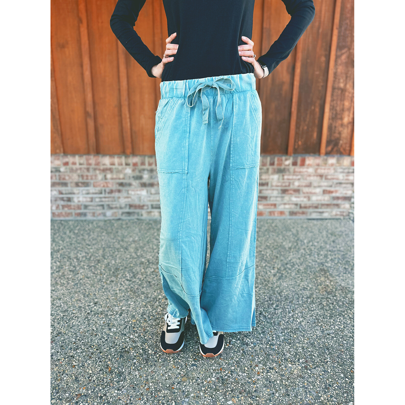 Zenana Zenana Exposed-Seam Flare Hem Pants with Pockets Ash Blue