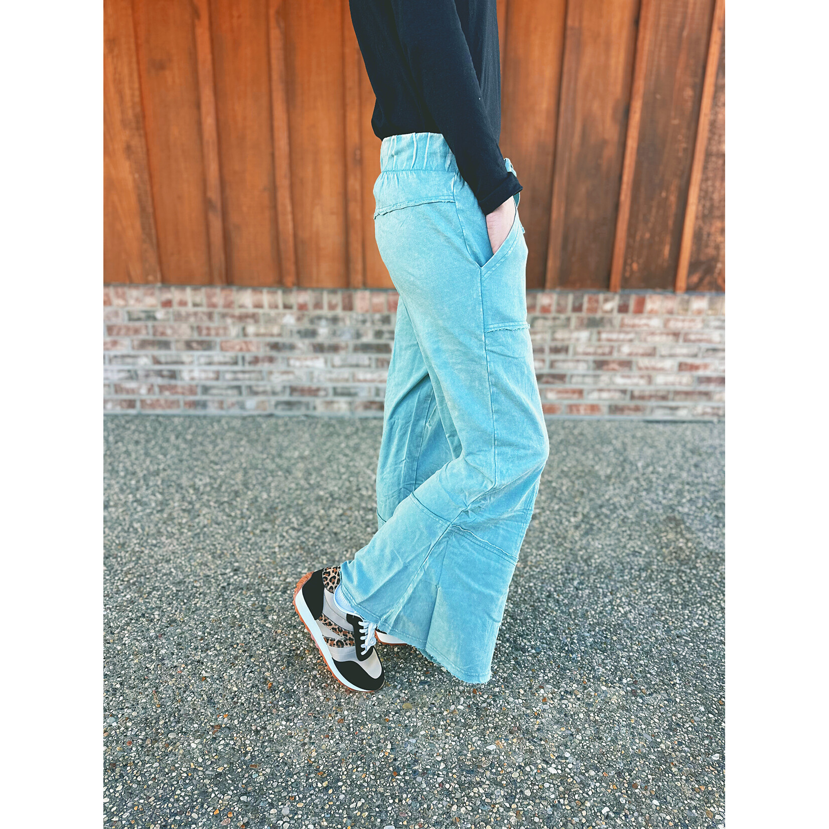 Zenana Zenana Exposed-Seam Flare Hem Pants with Pockets Ash Blue